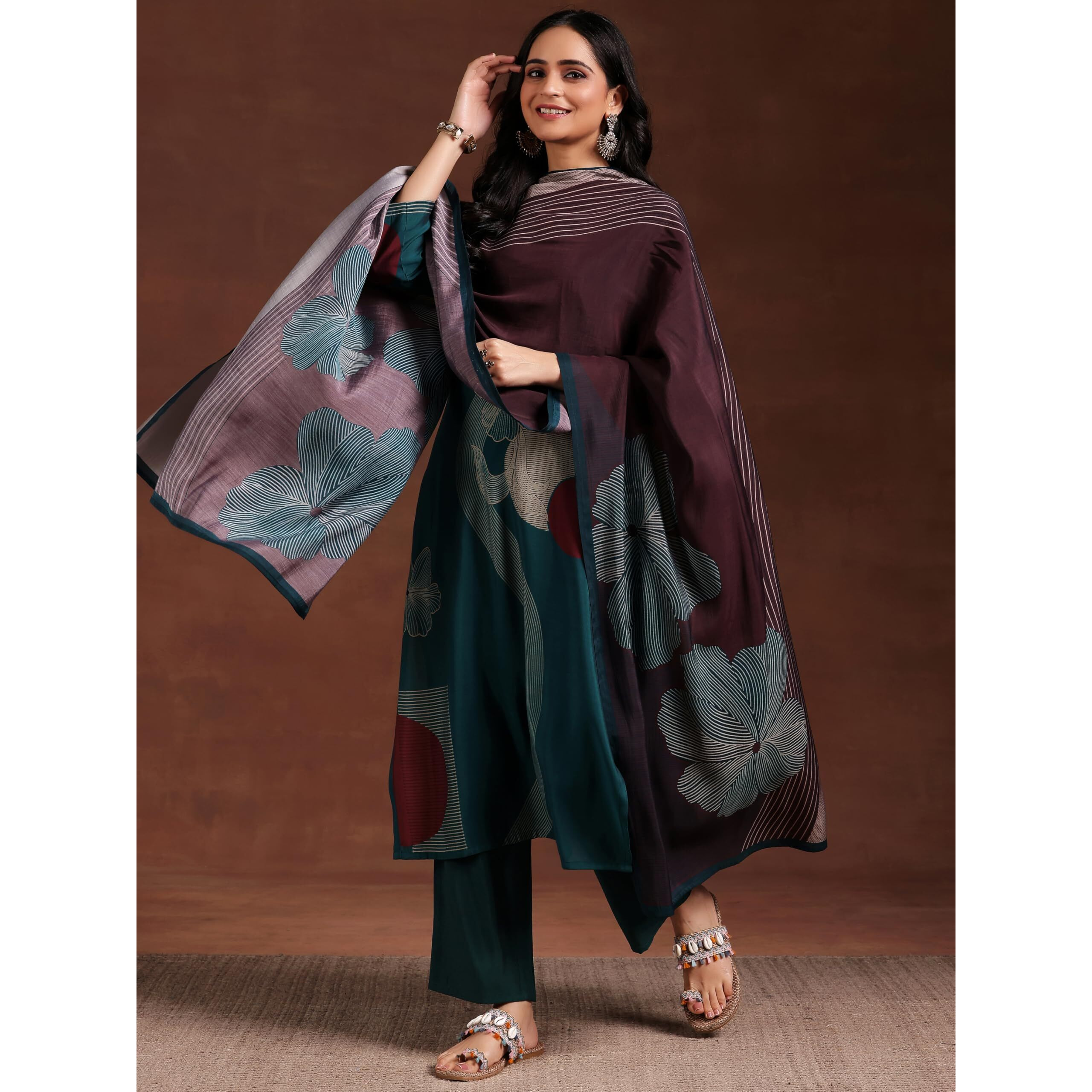 Libas Women Silk Blend Printed Kurta Set (36769Or_Teal Blue, Xs
