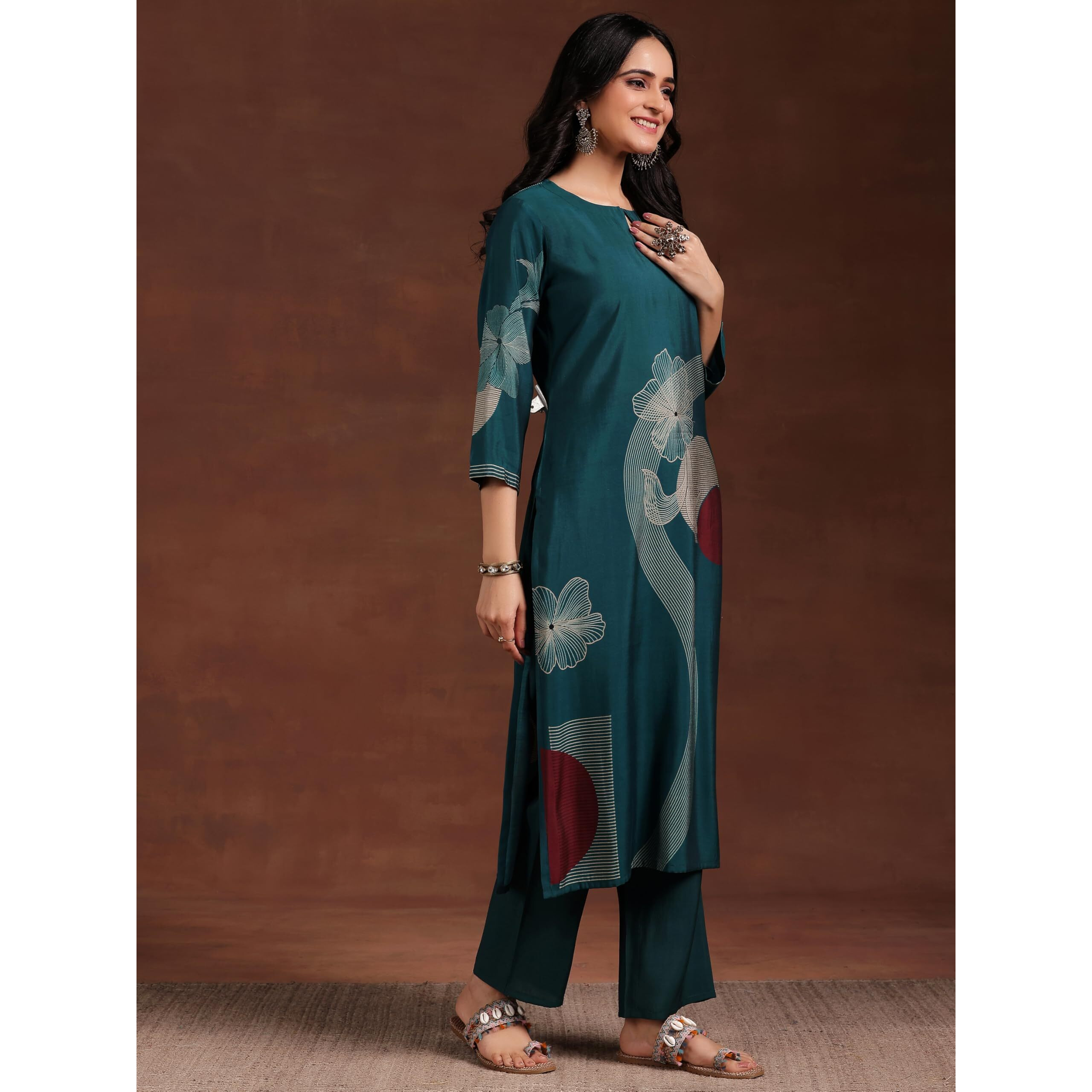Libas Women Silk Blend Printed Kurta Set (36769Or_Teal Blue, Xs