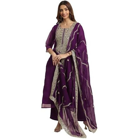 Libas Women's Organza Kurta Set (99366_Burgundy_M)