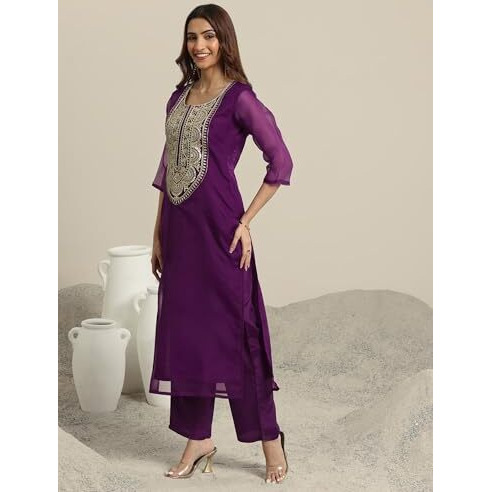 Libas Women's Organza Kurta Set (99366_Burgundy_M)