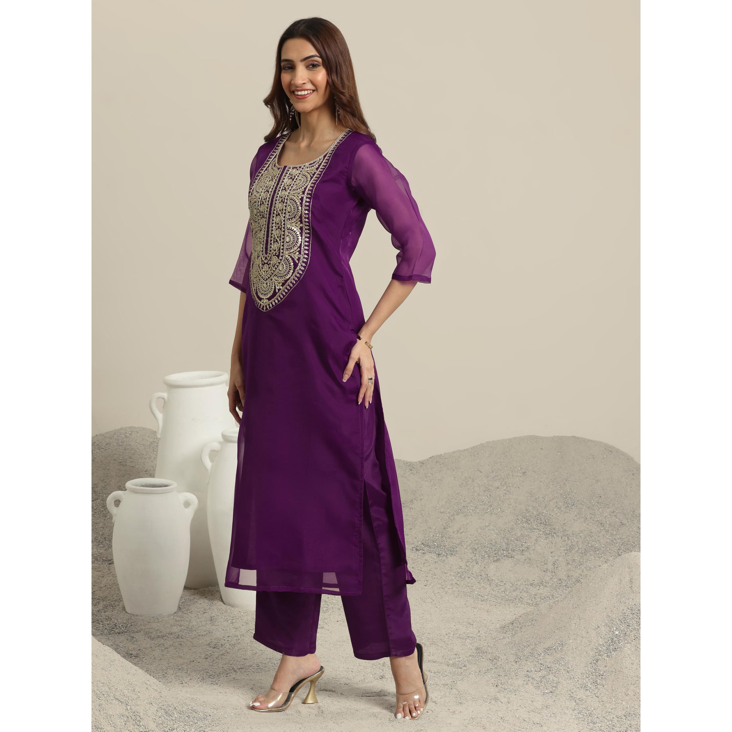 Libas Women's Organza Kurta Set (99366_Burgundy_L)