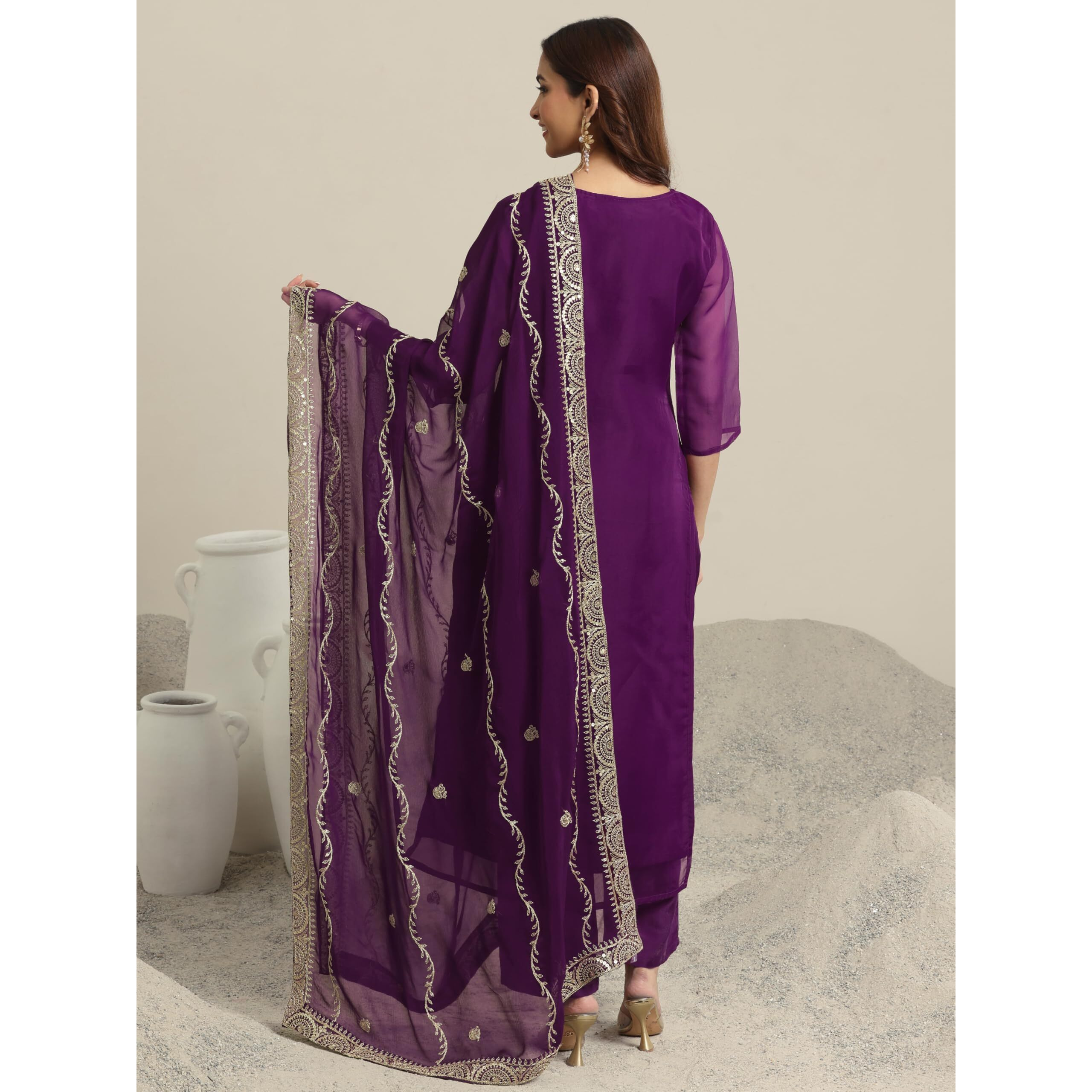 Libas Women's Organza Kurta Set (99366_Burgundy_L)