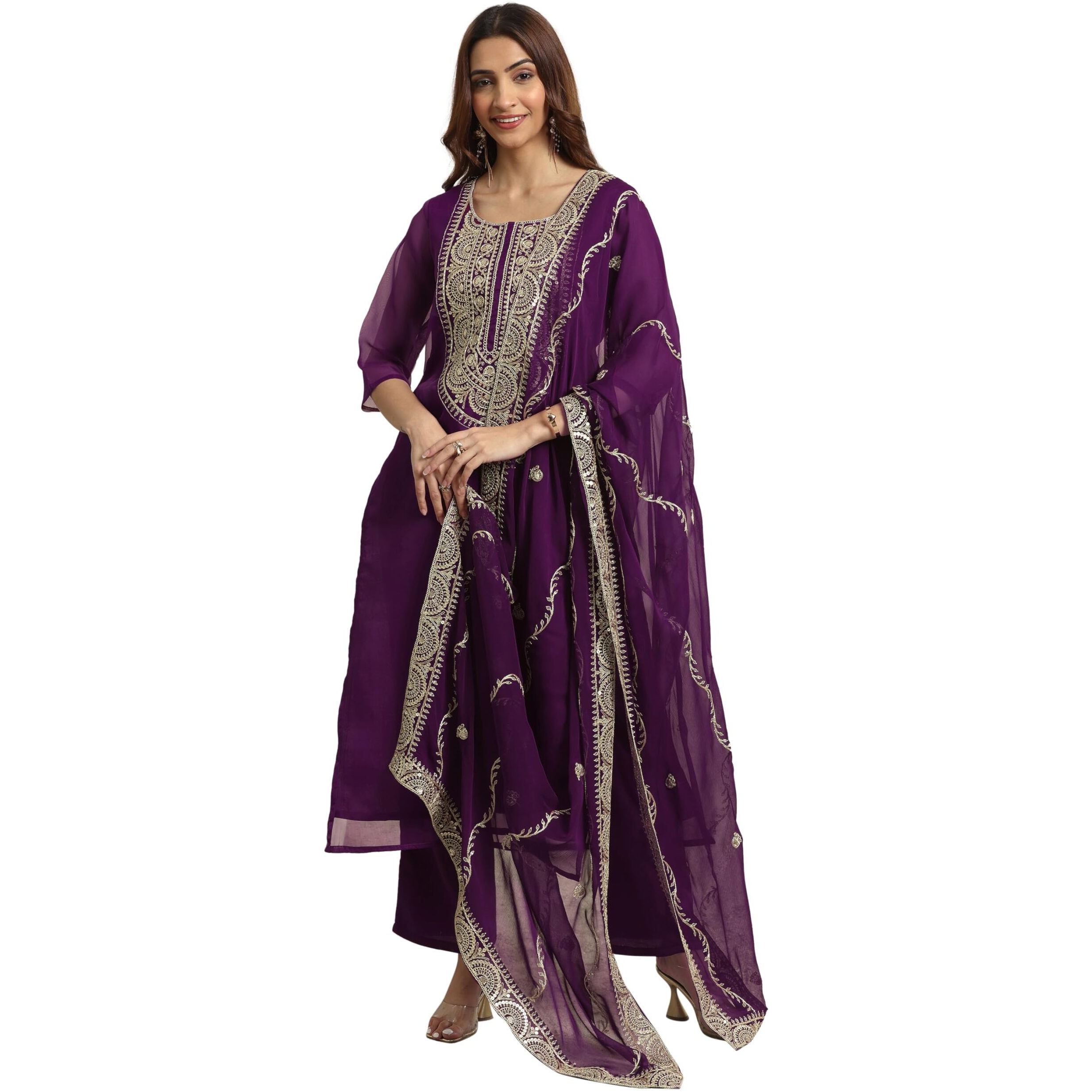 Libas Women's Organza Kurta Set (99366_Burgundy_Xxl)