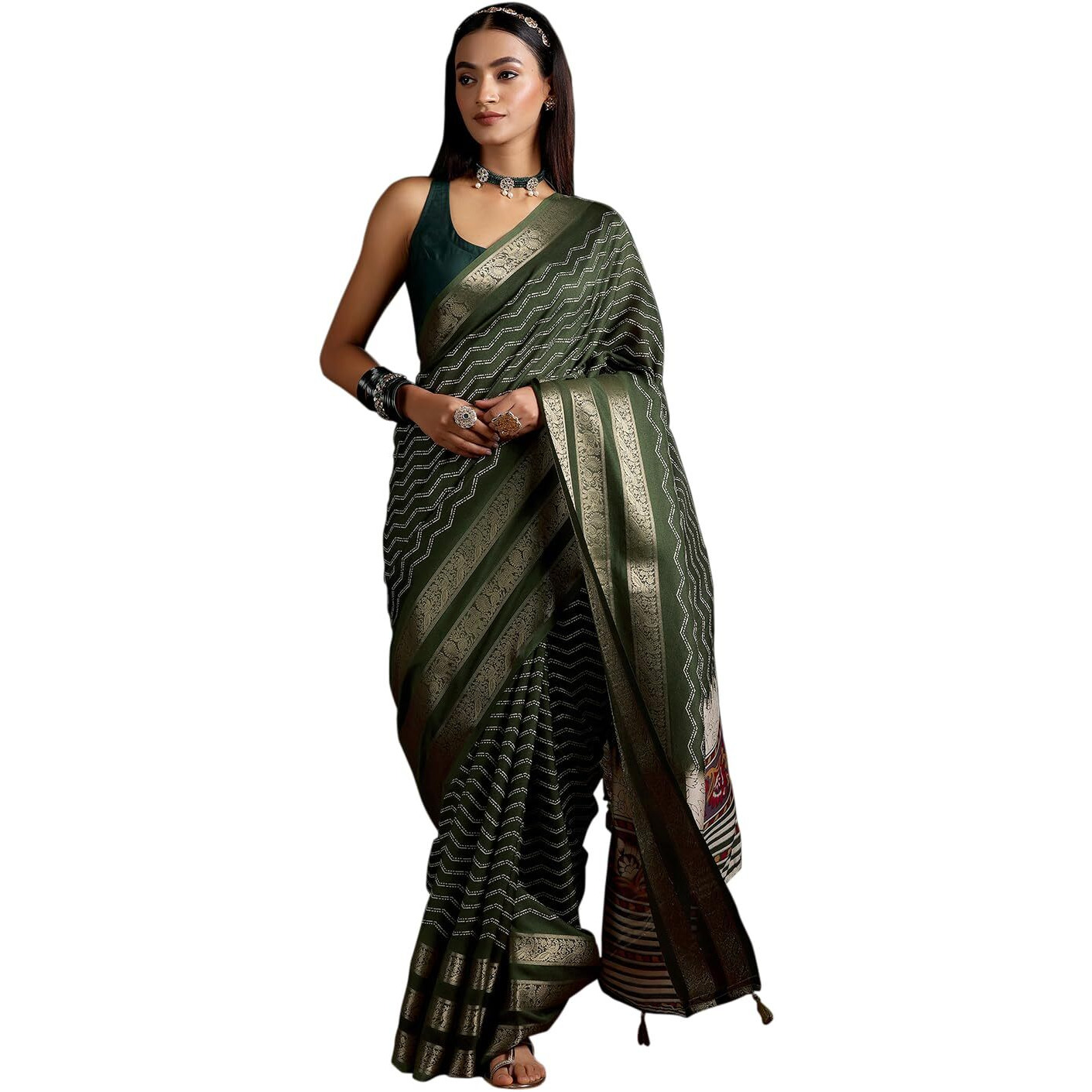 Libas Women's Silk Blend Saree (16056R_Olive)