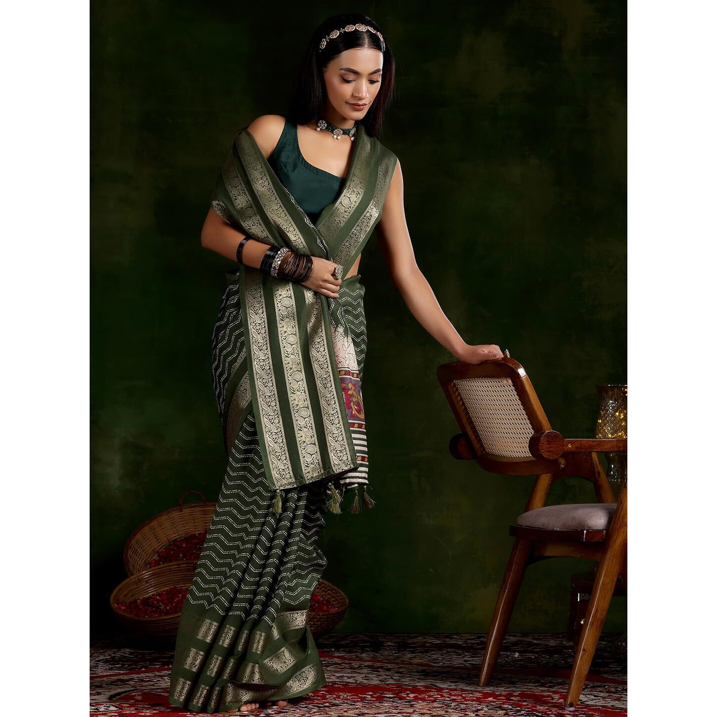 Libas Women's Silk Blend Saree (16056R_Olive)