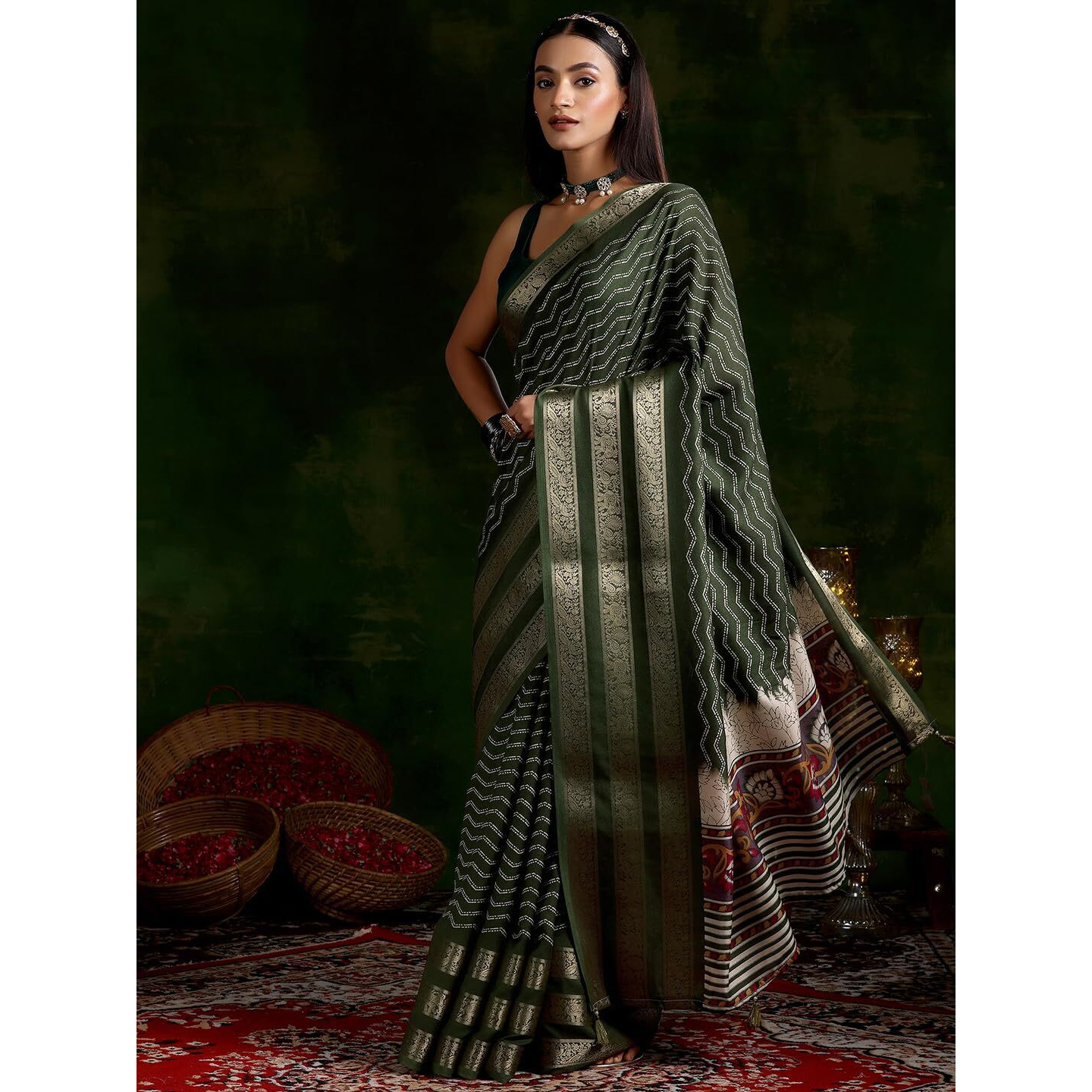 Libas Women's Silk Blend Saree (16056R_Olive)