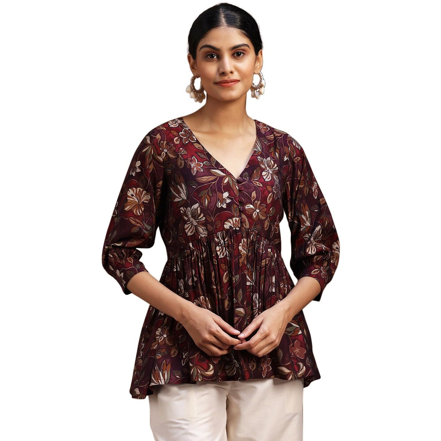Libas Women's Silk Blend Printed A-Line Kurti (29114Or_Burgundy
