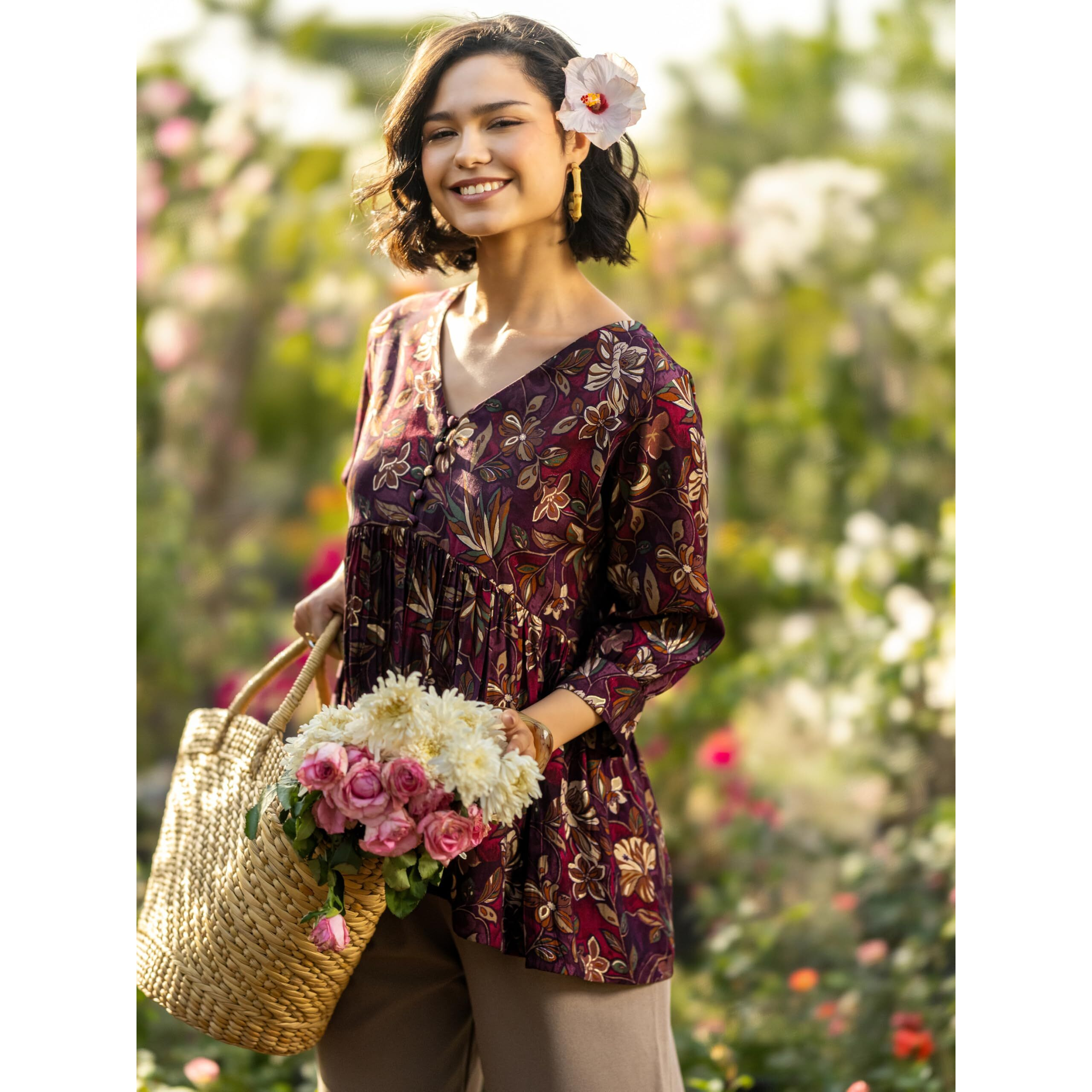 Libas Women's Silk Blend Printed A-Line Kurti (29114Or_Burgundy