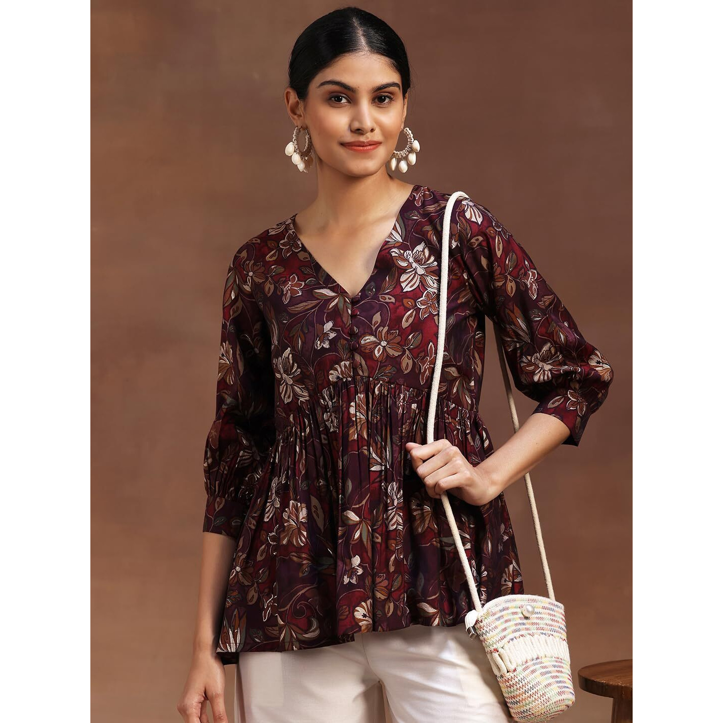 Libas Women's Silk Blend Printed A-Line Kurti (29114Or_Burgundy