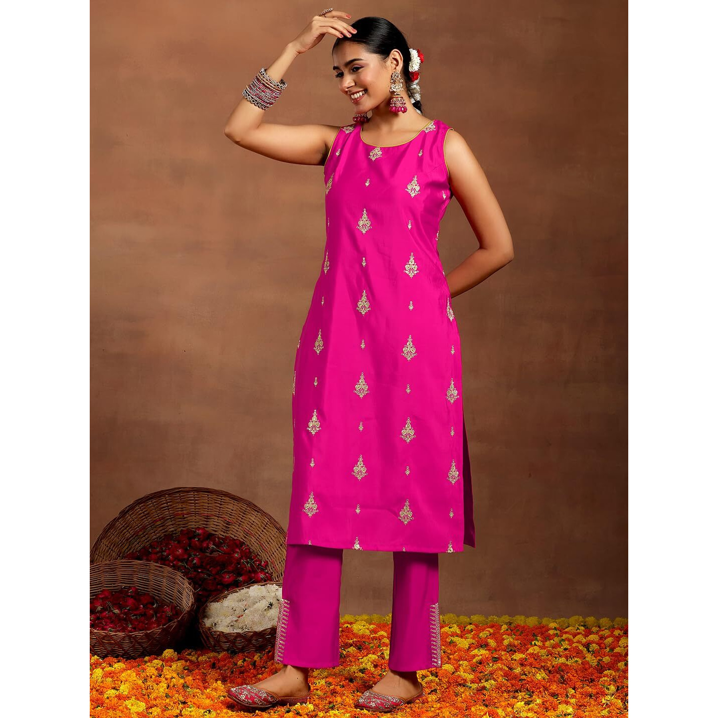 Libas Women's Silk Blend Kurta Sets (35692R_Pink_Xl)
