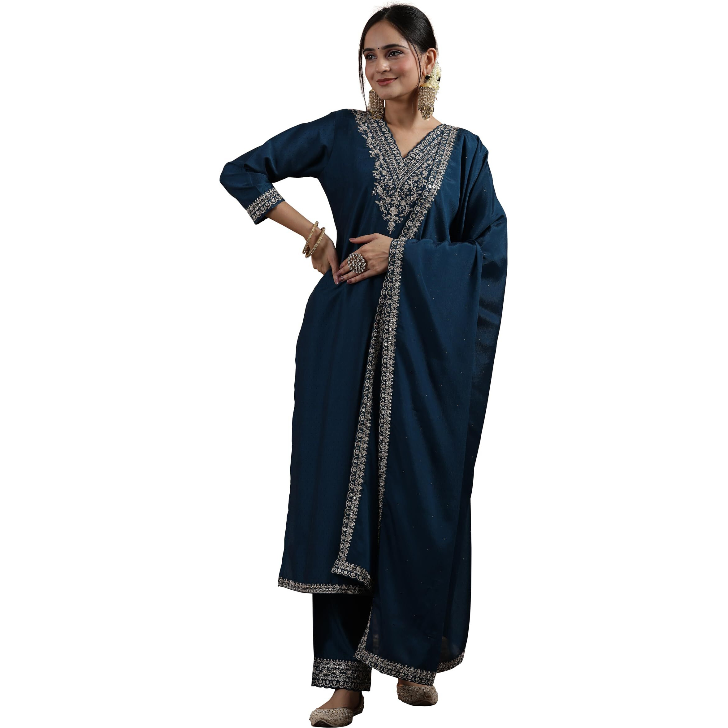 Libas Women's Silk Blend Kurta Set (48578R_Teal