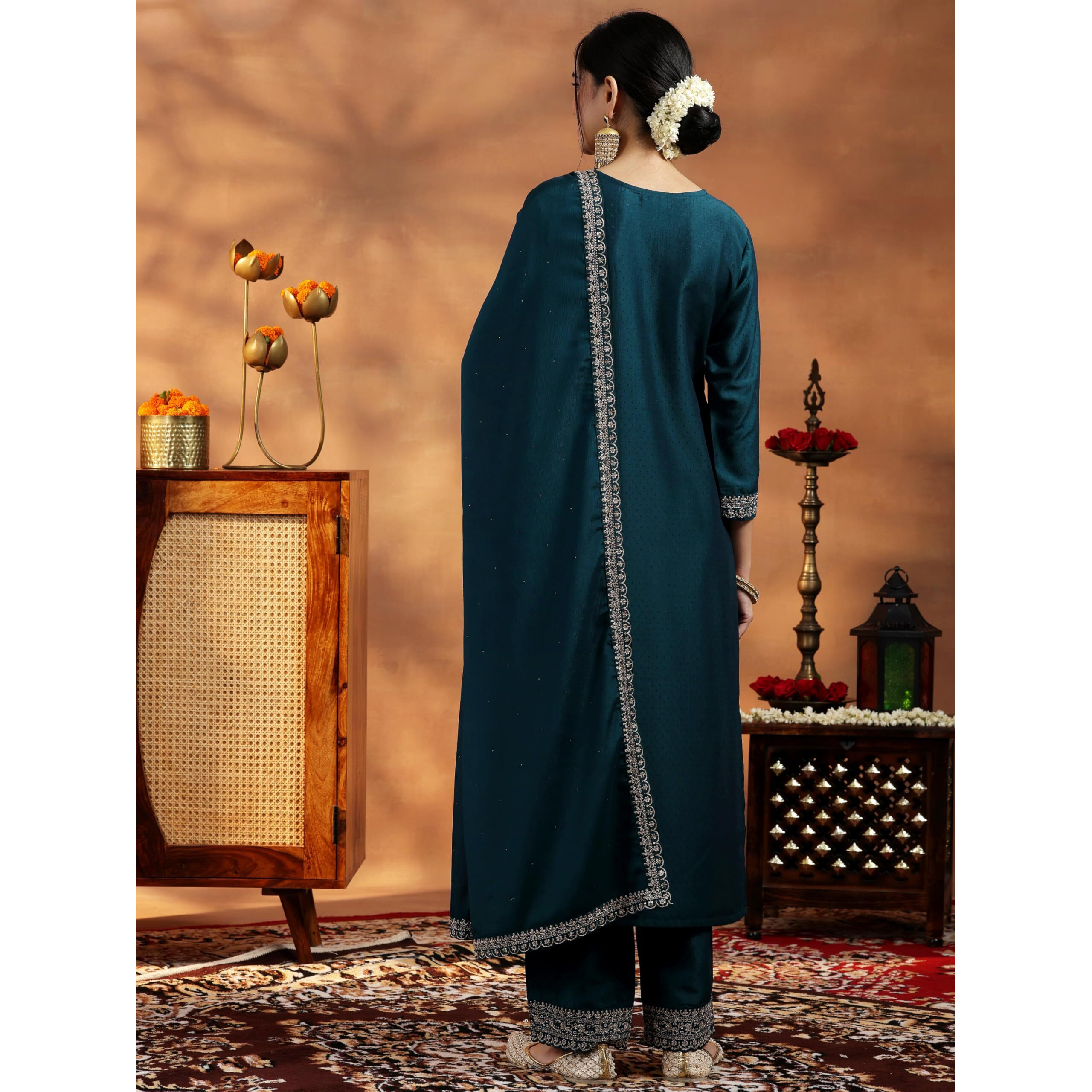 Libas Women's Silk Blend Kurta Set (48578R_Teal