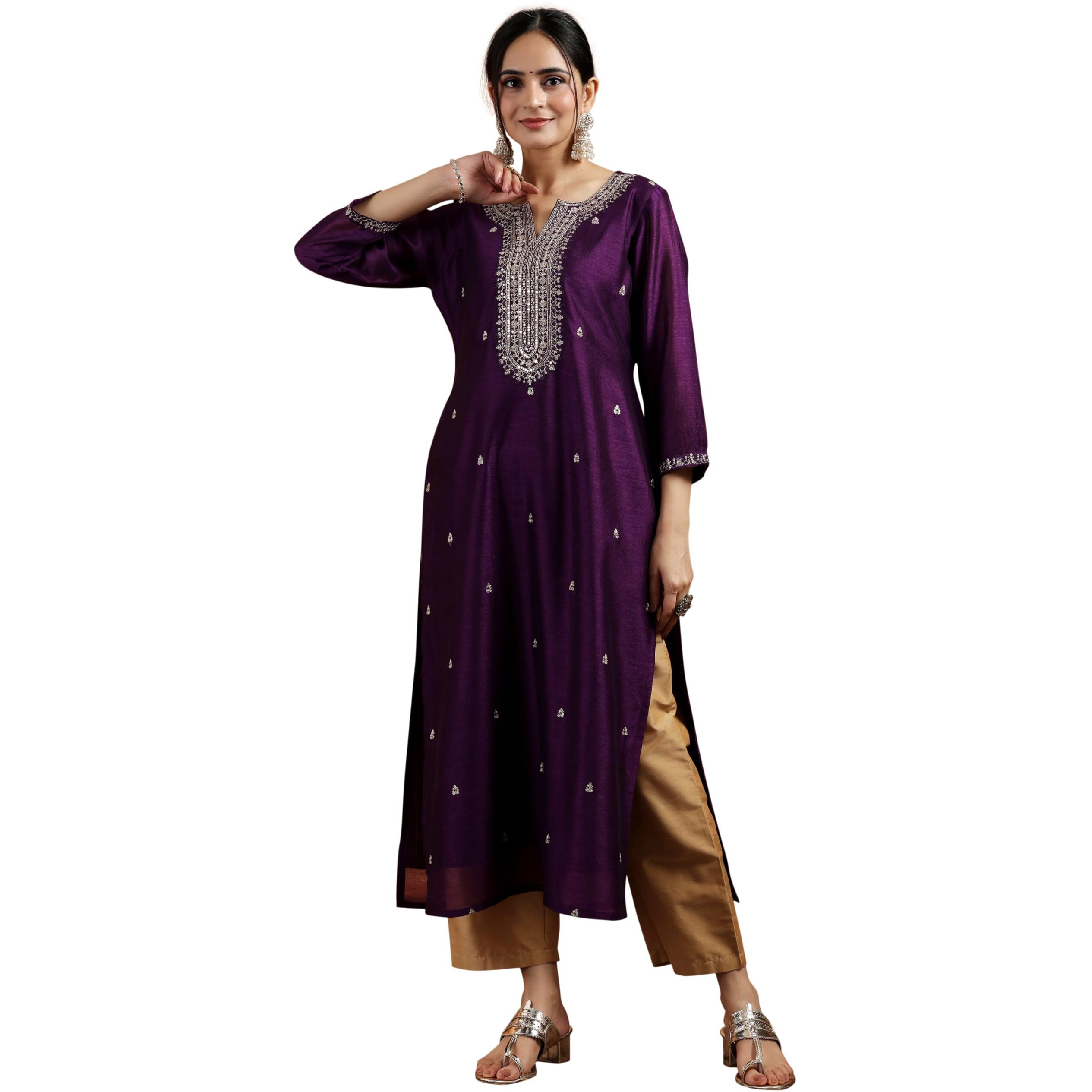 Libas Women's Silk Embroidered Straight Kurta (58140Or_Burgundy
