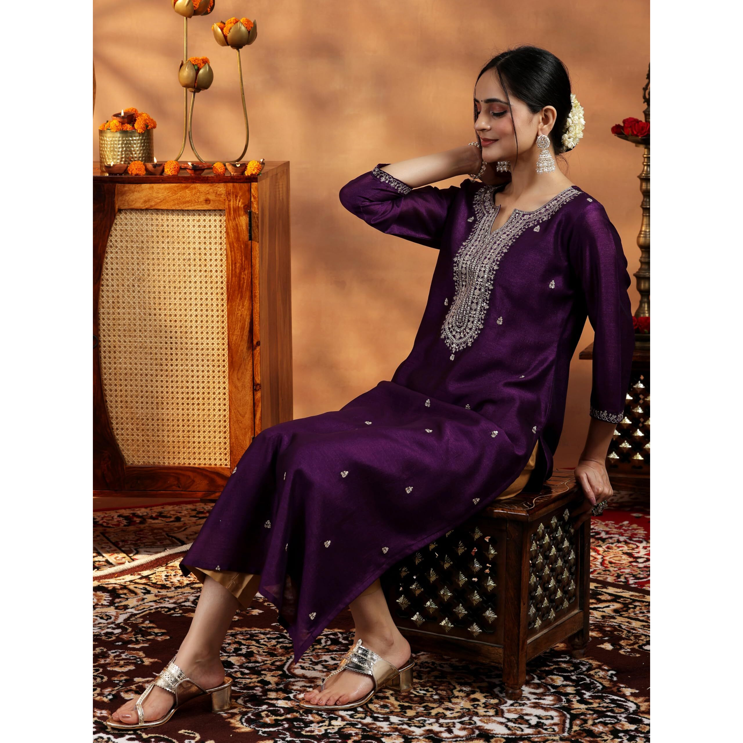 Libas Women's Silk Embroidered Straight Kurta (58140Or_Burgundy