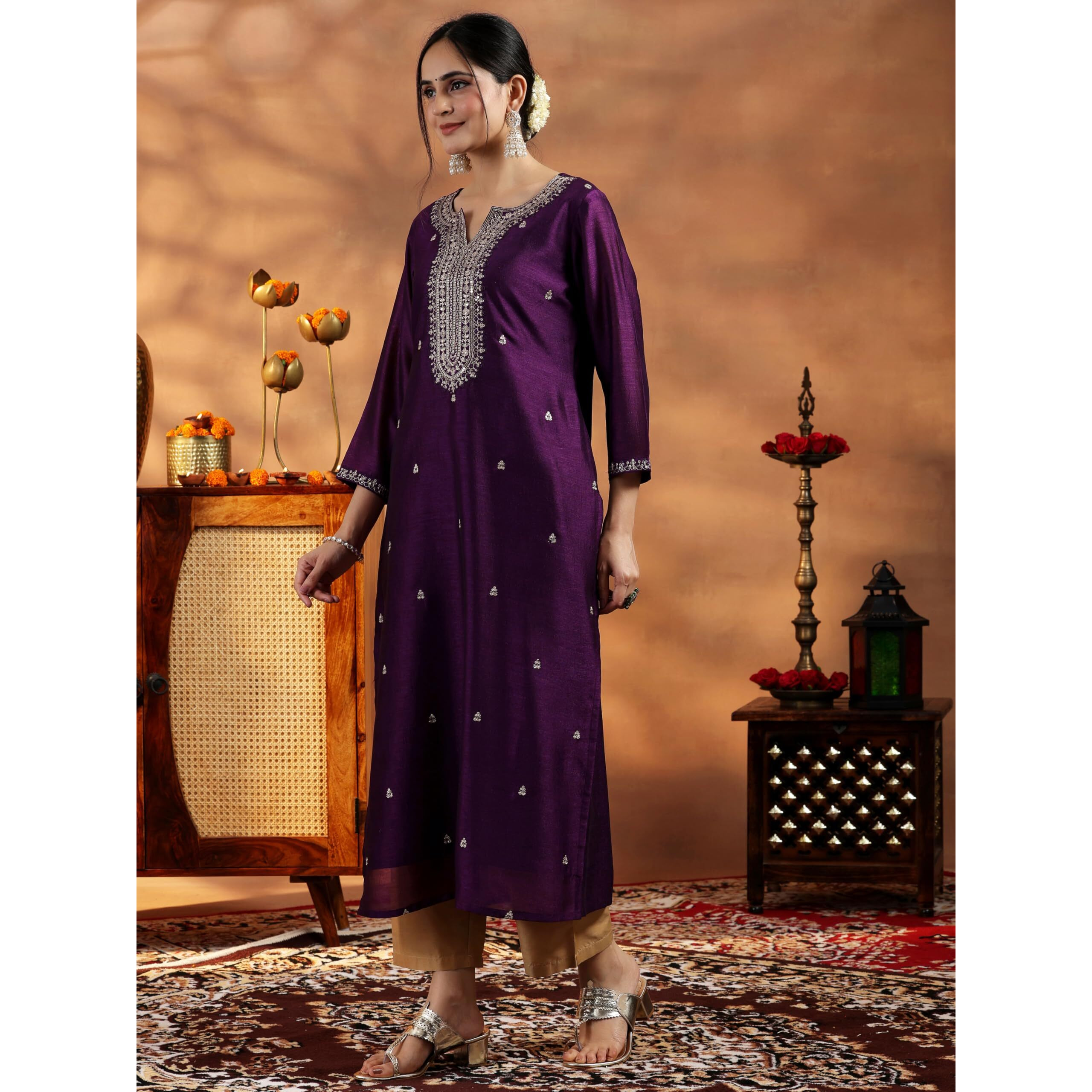 Libas Women's Silk Embroidered Straight Kurta (58140Or_Burgundy