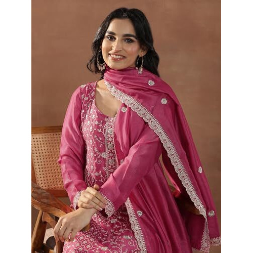 Libas Women's Silk Blend Kurta Set (49518_Pink_M)