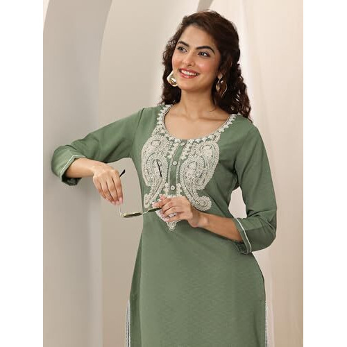 Libas Women's Cotton Blend Paisley Straight Kurtas (98184_Green_M)