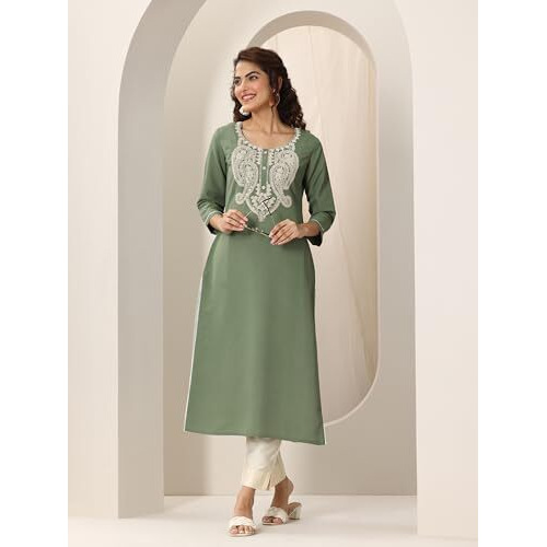 Libas Women's Cotton Blend Paisley Straight Kurtas (98184_Green_M)