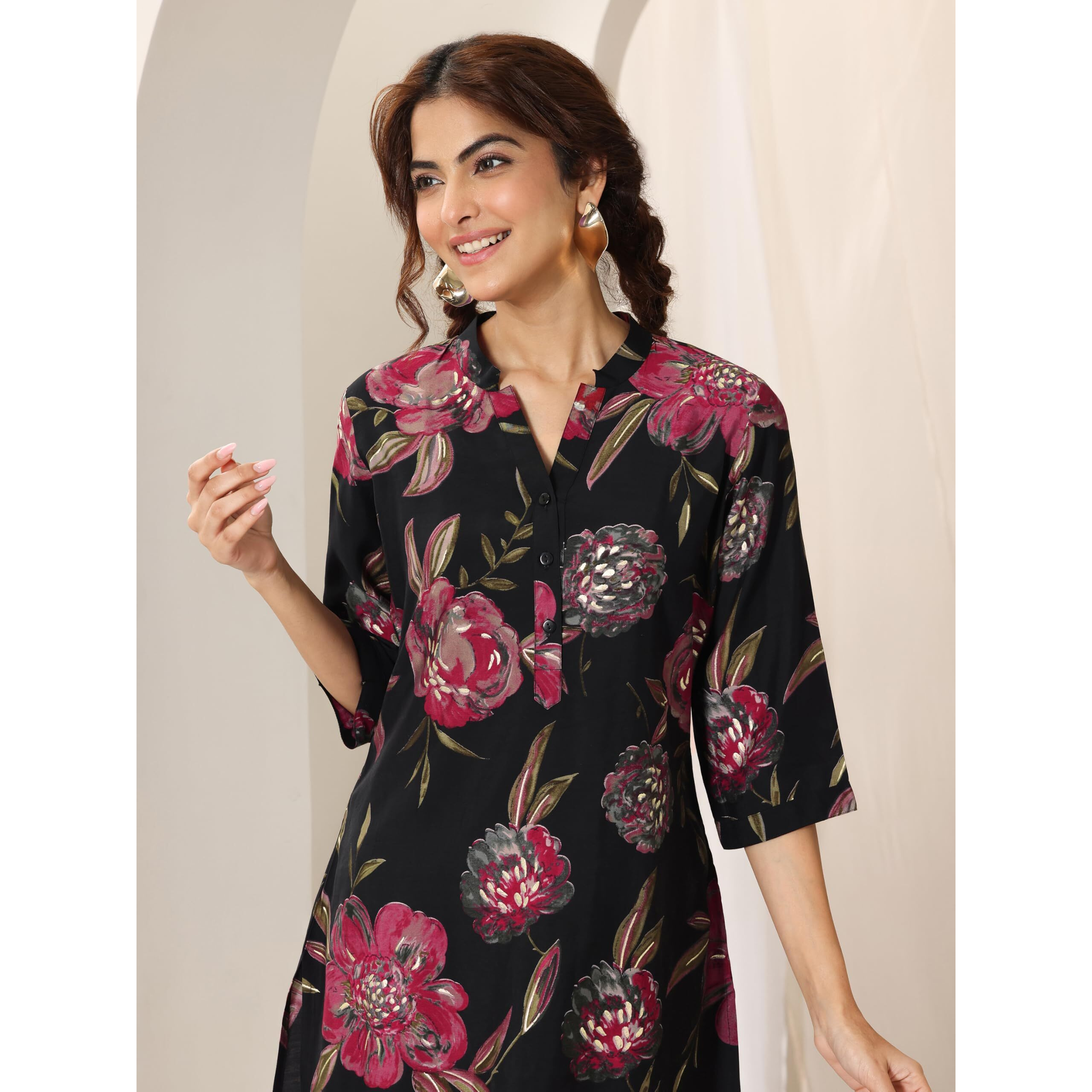 Libas Women's Floral Straight Tunics (98189_Black Xxl)
