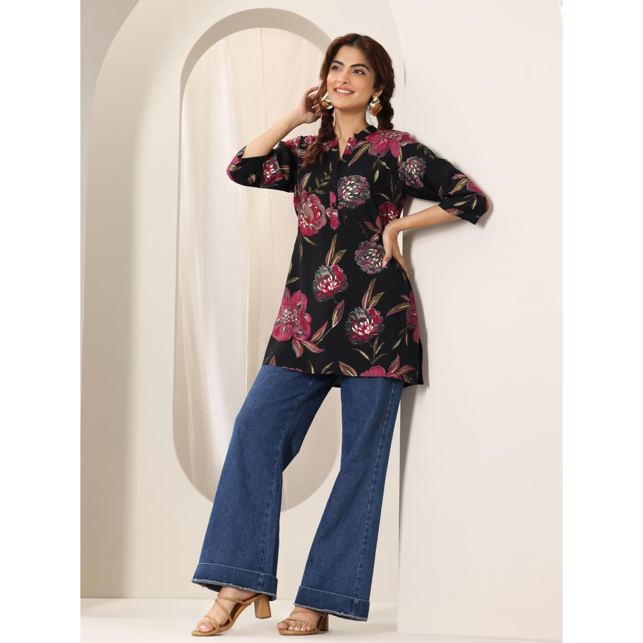 Libas Women's Floral Straight Tunics (98189_Black Xxl)