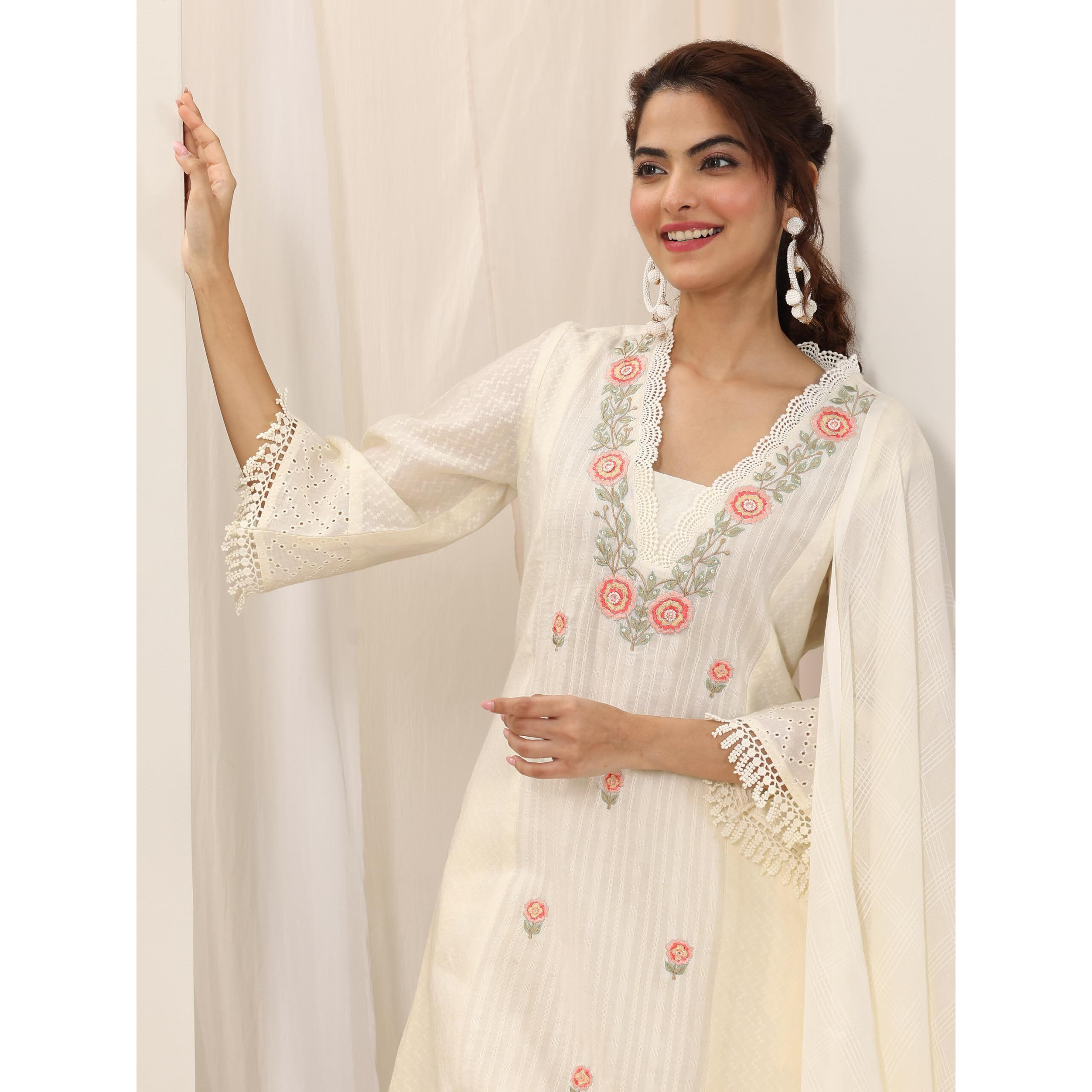 Libas Women's Pure Cotton Embroidered Kurta Sets (99416_Off White_M)