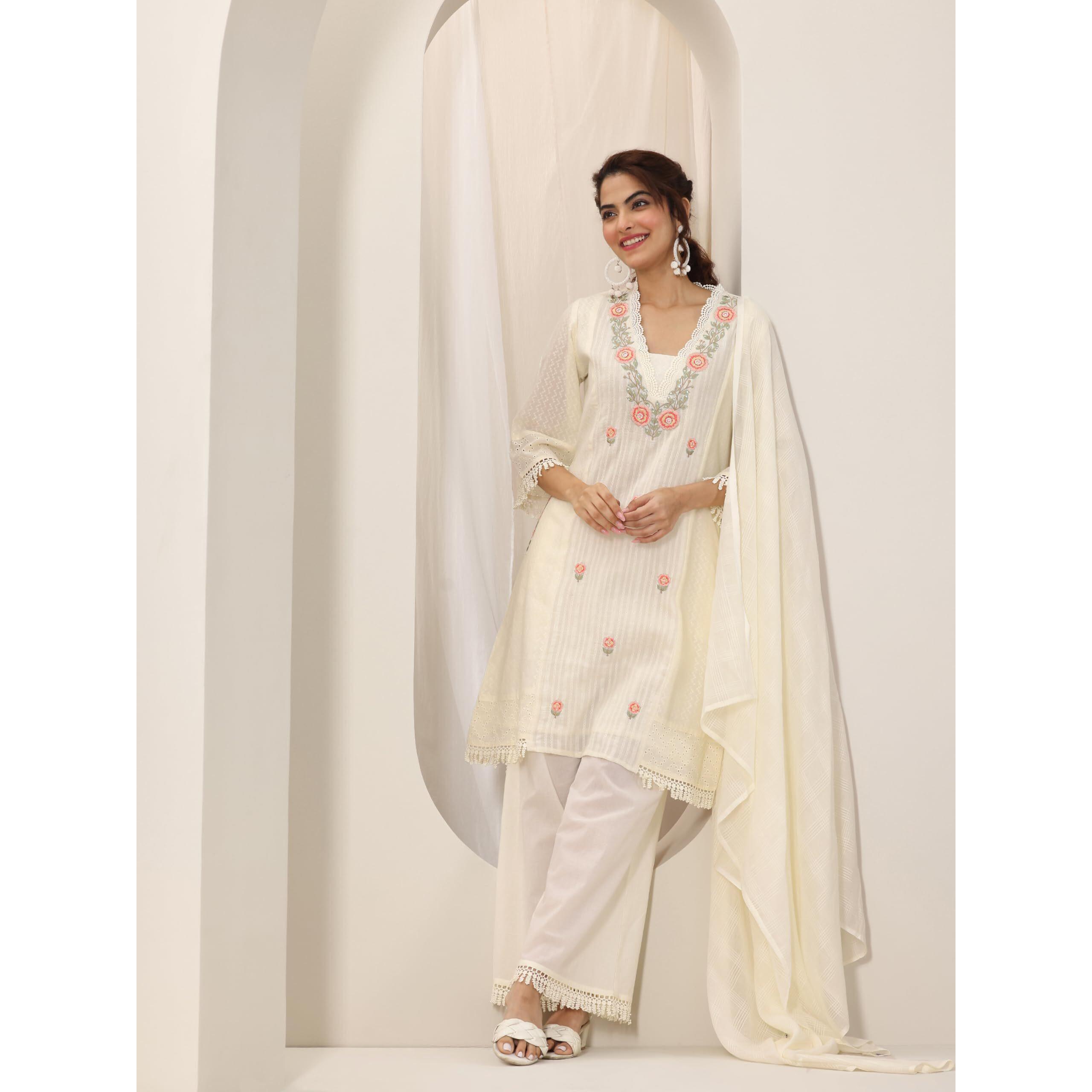 Libas Women's Pure Cotton Embroidered Kurta Sets (99416_Off White_M)