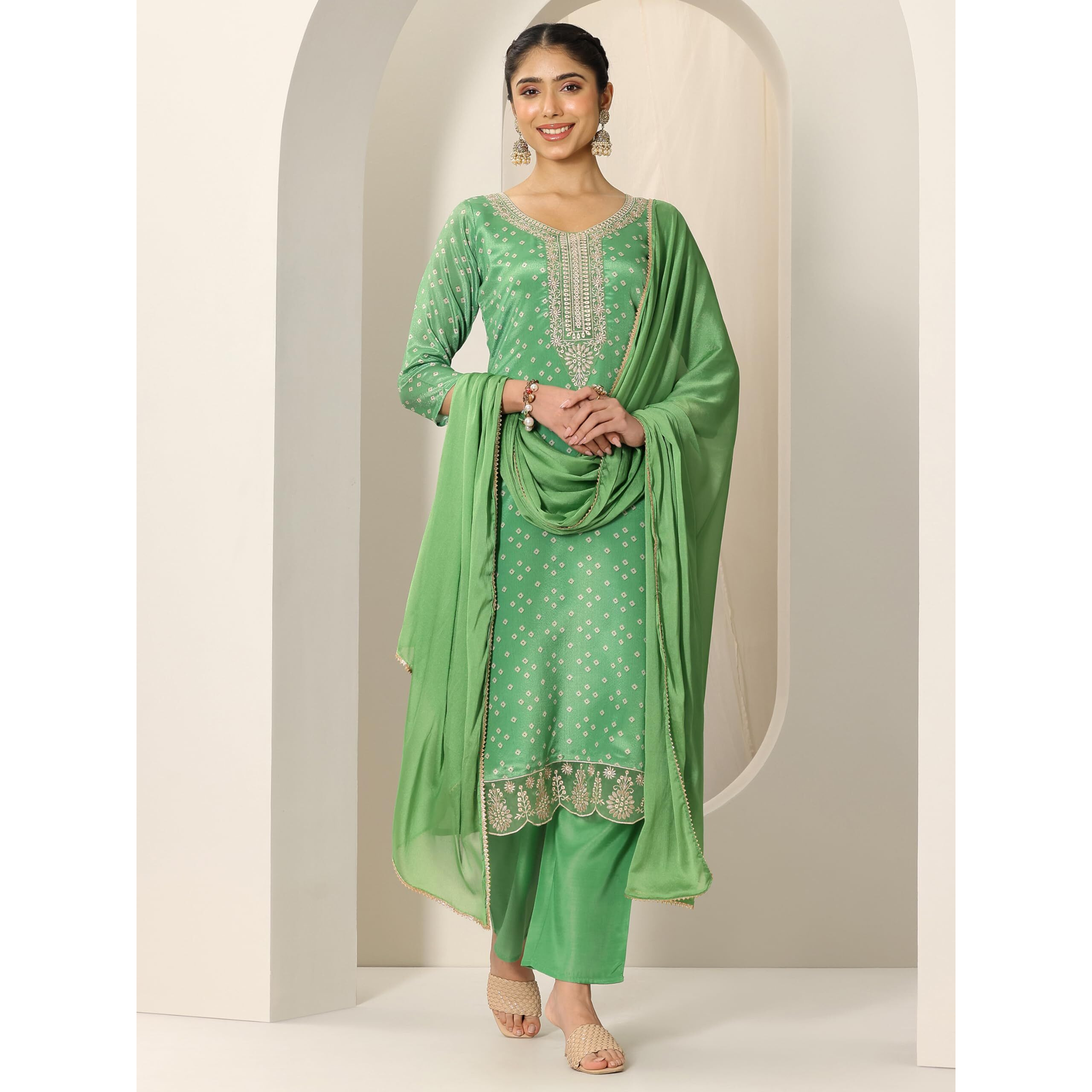 Libas Women's Silk Blend Kurta Sets (99447_Green_M)