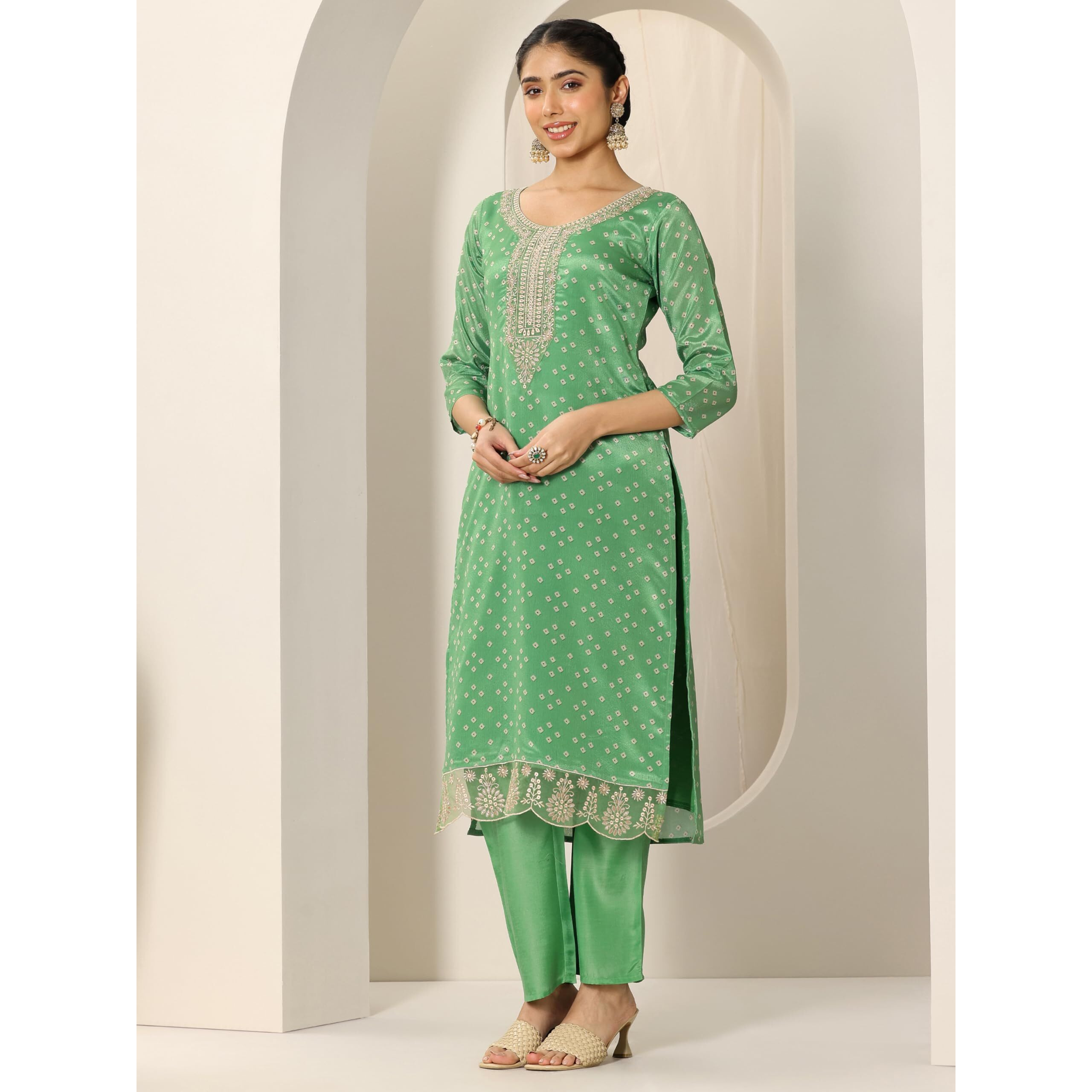 Libas Women's Silk Blend Kurta Sets (99447_Green_M)