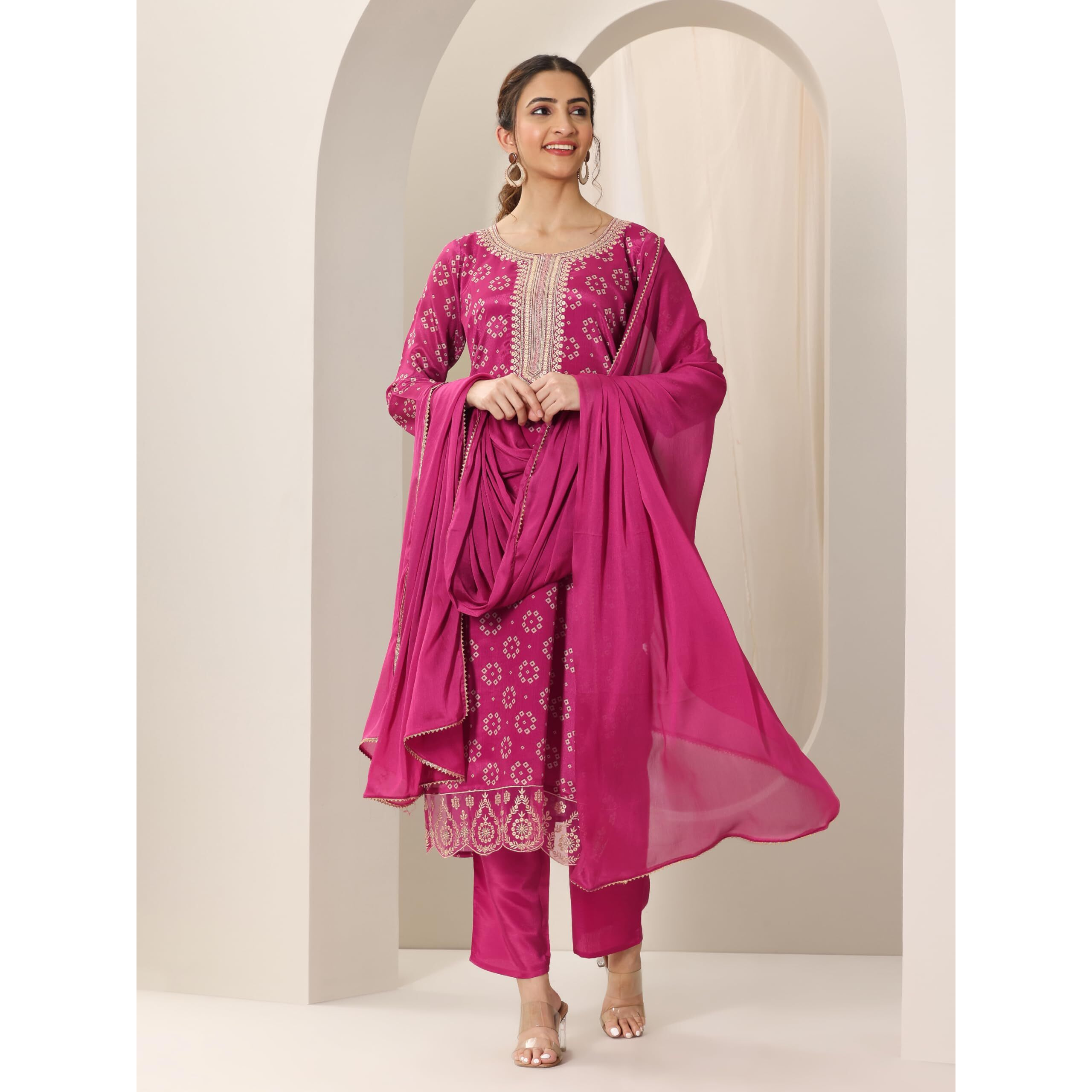 Libas Women's Silk Blend Kurta Sets (99448_Pink_S)