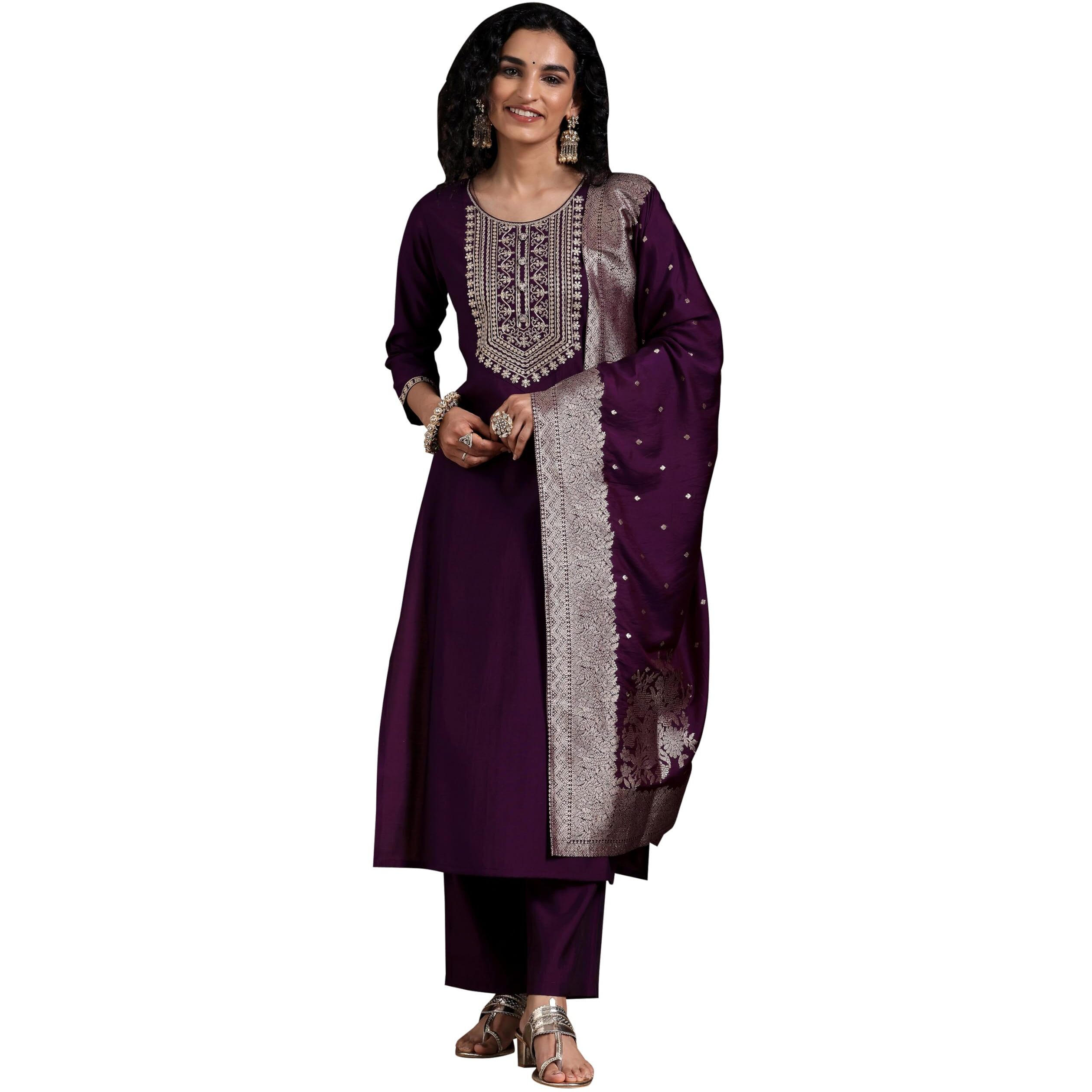Libas Womens Woven Design Silk Blend Straight Kurta With Trousers And Dupatta