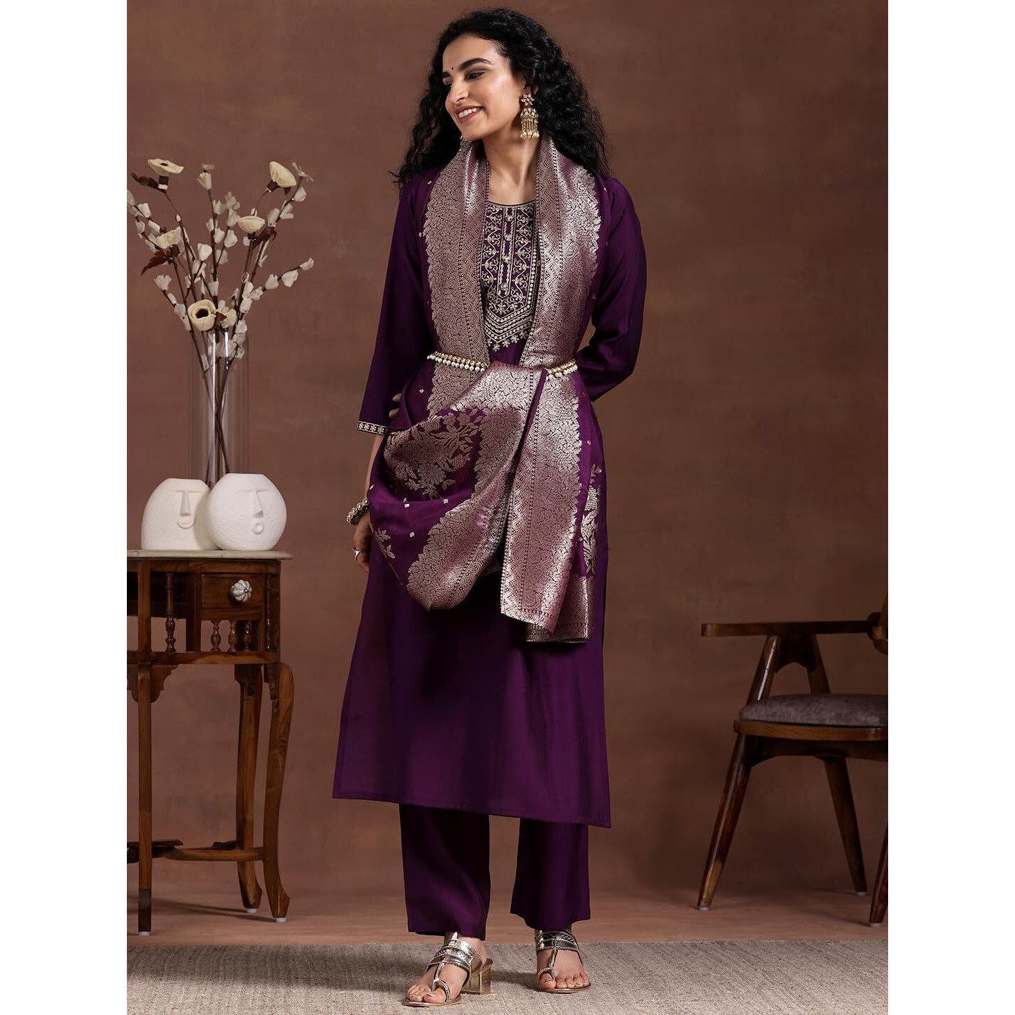 Libas Womens Woven Design Silk Blend Straight Kurta With Trousers And Dupatta