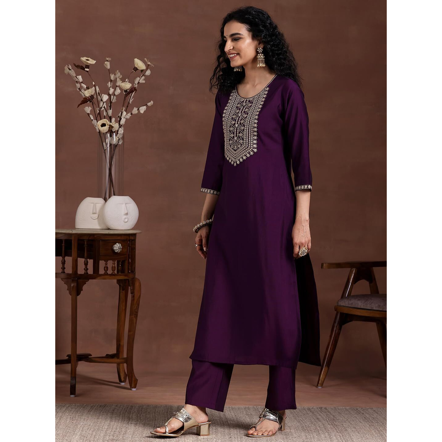 Libas Womens Woven Design Silk Blend Straight Kurta With Trousers And Dupatta