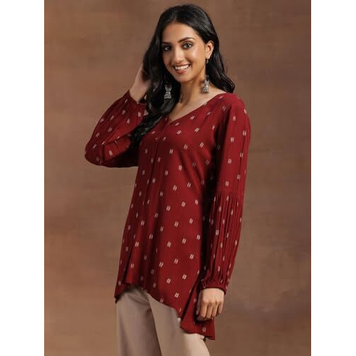 Libas Women's Cotton Ethnic Motifs A-Line Kurti (291310R Maroon