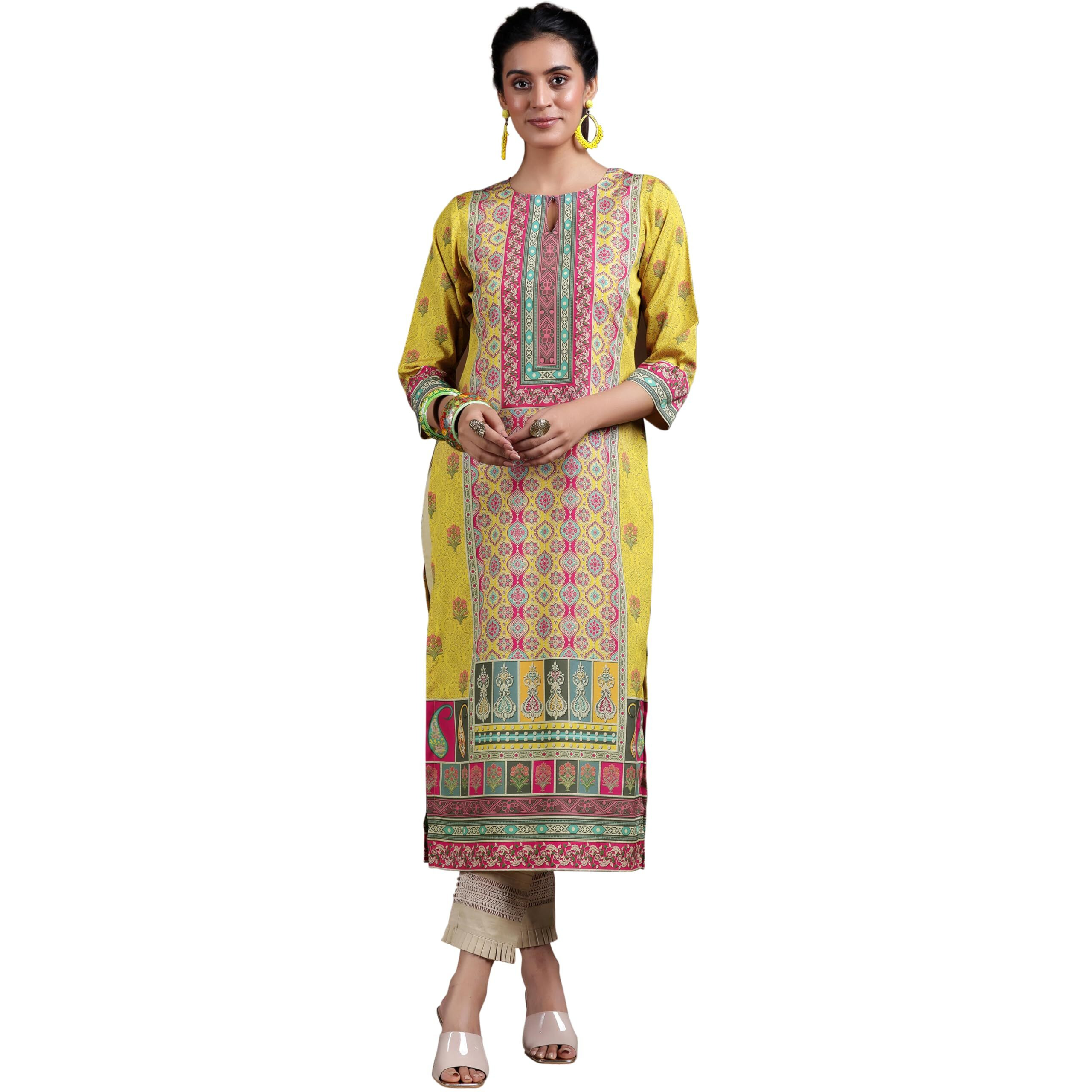 Libas Women's Crepe Ethnic Motifs Straight Kurta (292590R Mustard