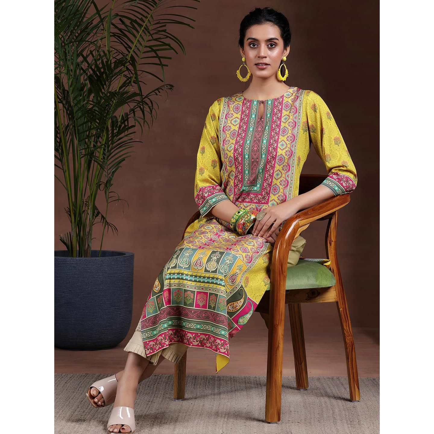 Libas Women's Crepe Ethnic Motifs Straight Kurta (292590R Mustard