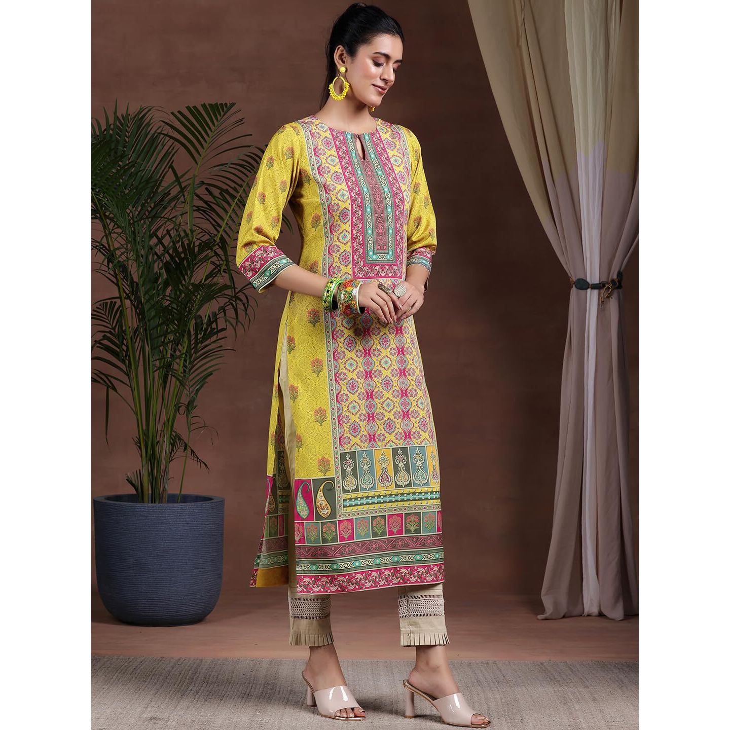 Libas Women's Crepe Ethnic Motifs Straight Kurta (292590R Mustard