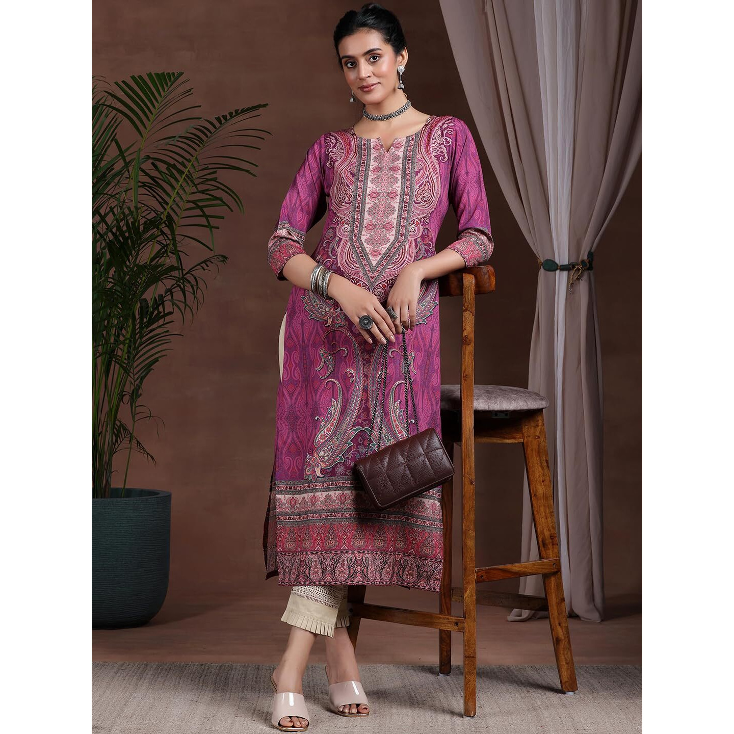 Libas Women's Crepe Paisley Straight Kurta (292610R Mauve