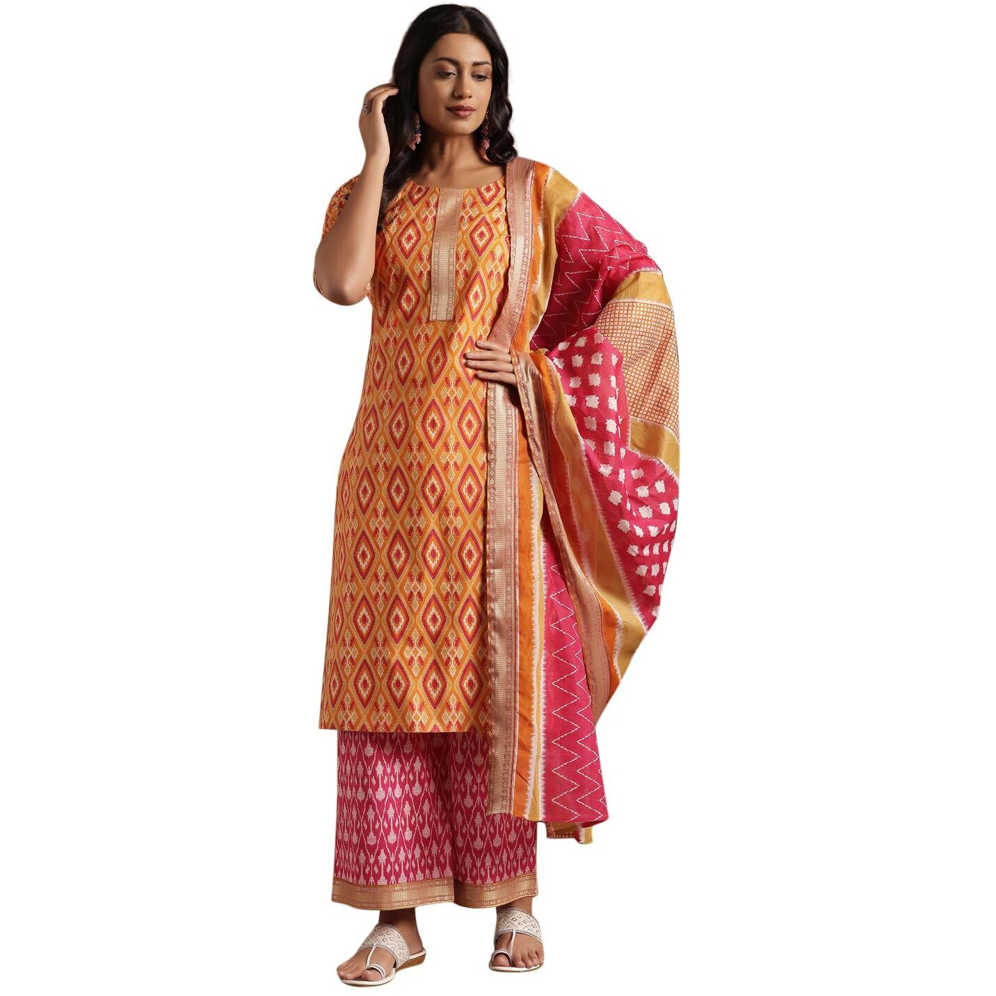Libas Women's Pure Cotton Printed Kurta Sets (366180R_Orange_Xs)