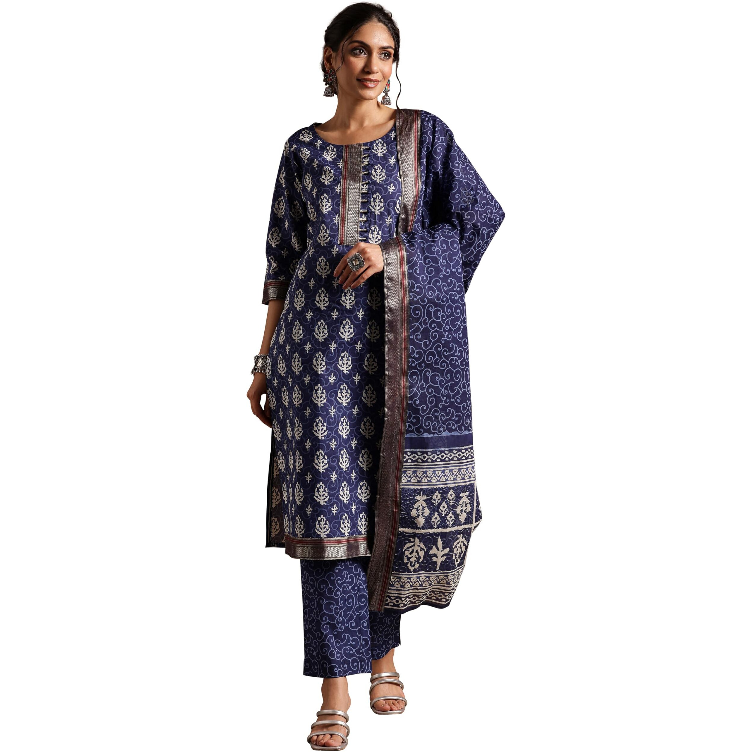Libas Women Pure Cotton Kurta Set (366350R, Blue, Small)