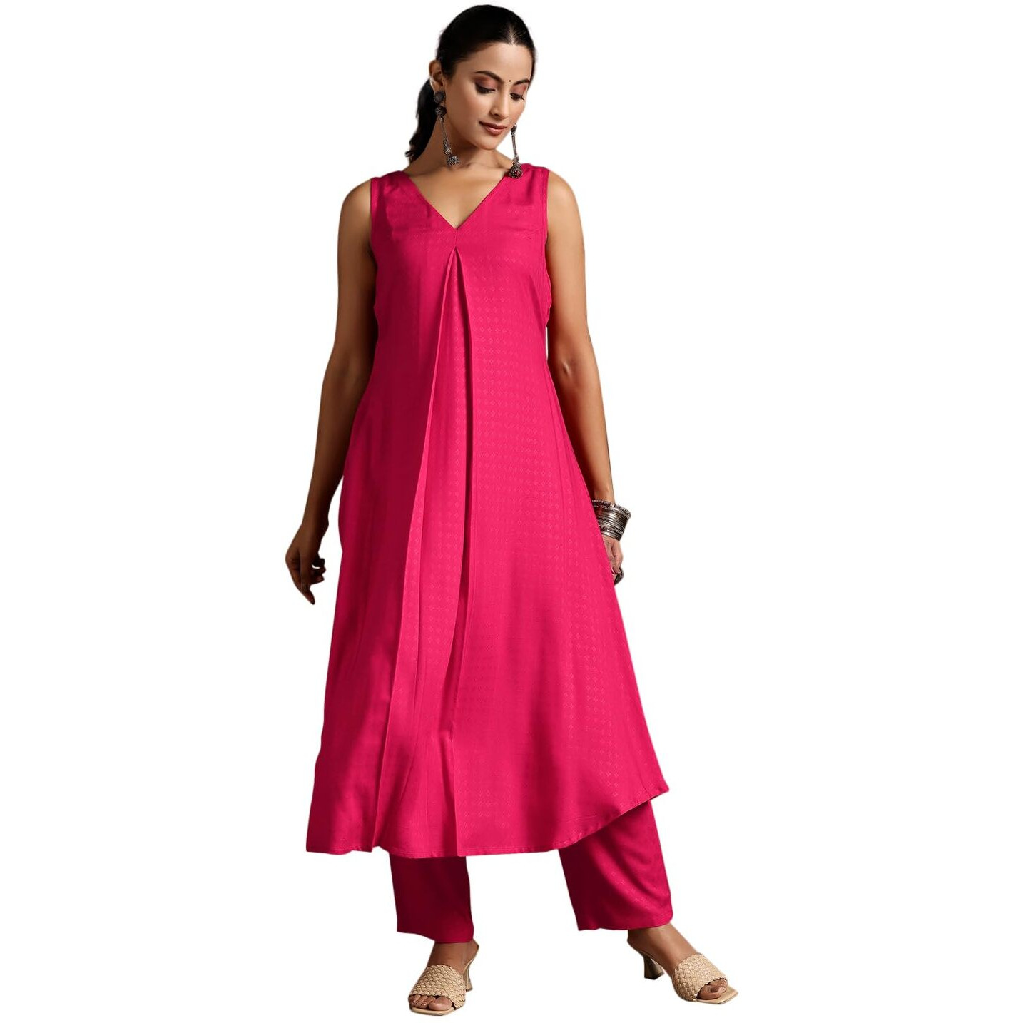 Libas Womens Woven Design Viscose A-Line Kurta With Trousers