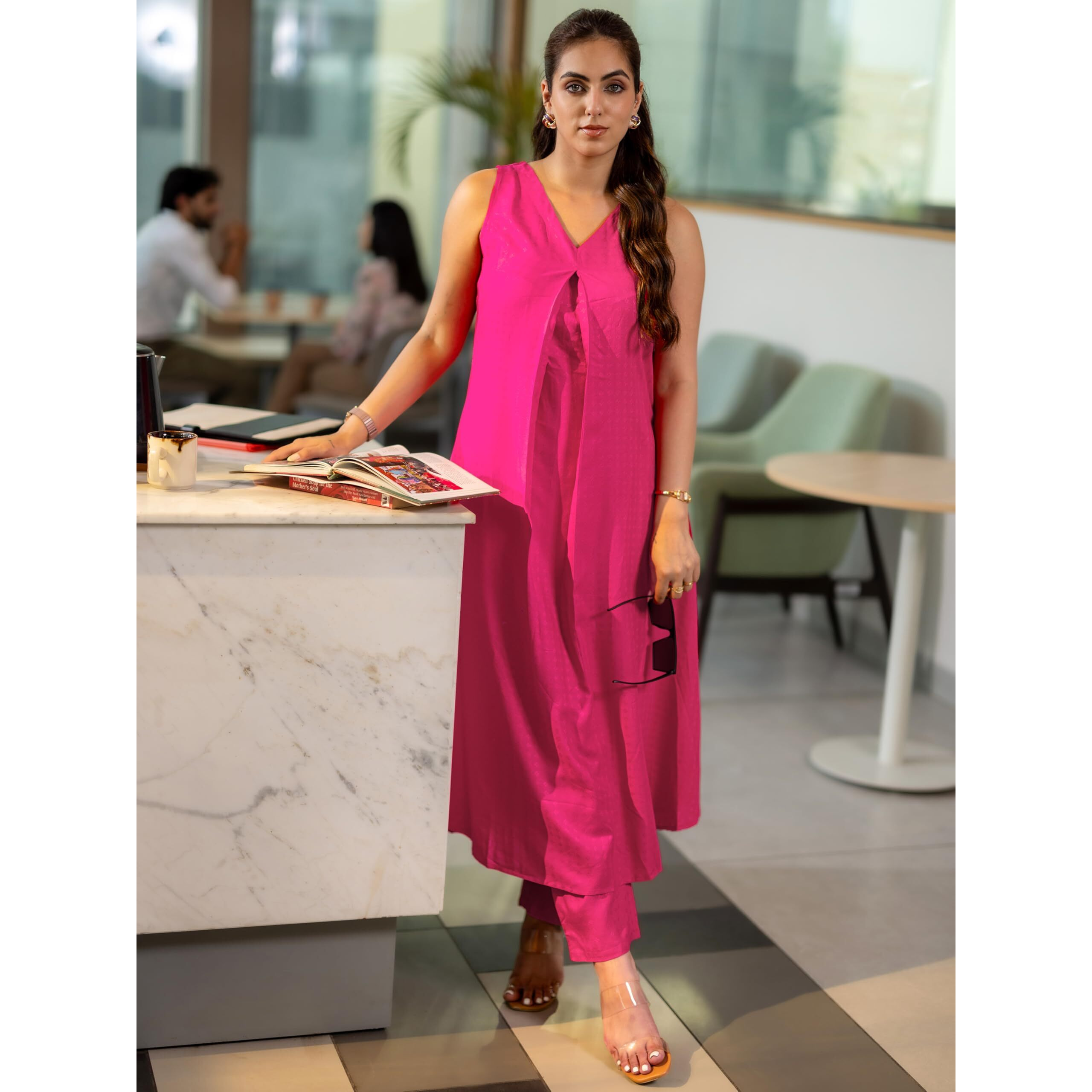 Libas Womens Woven Design Viscose A-Line Kurta With Trousers