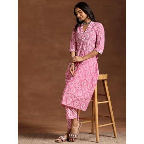 Libas Womens Printed Cotton A-Line Kurta With Trousers