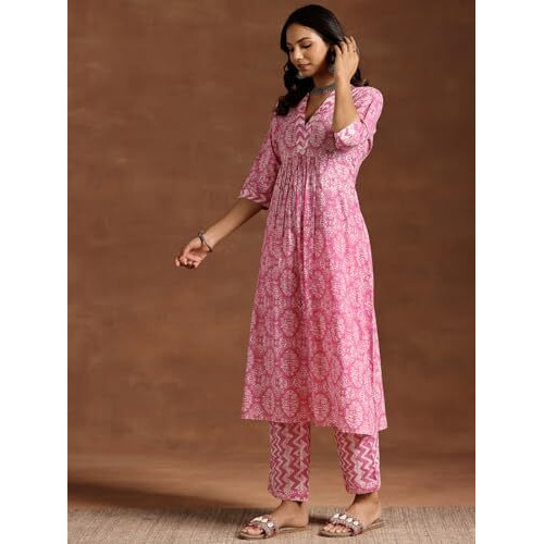 Libas Womens Printed Cotton A-Line Kurta With Trousers