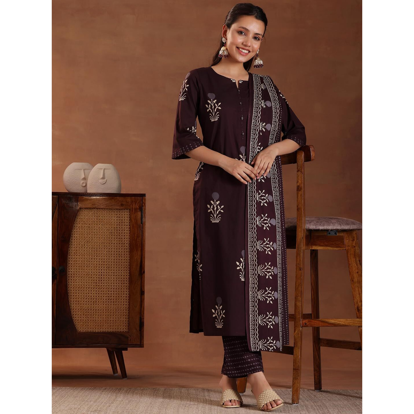 Libas Women's Pure Cotton Printed Kurta Set (369130R Brown