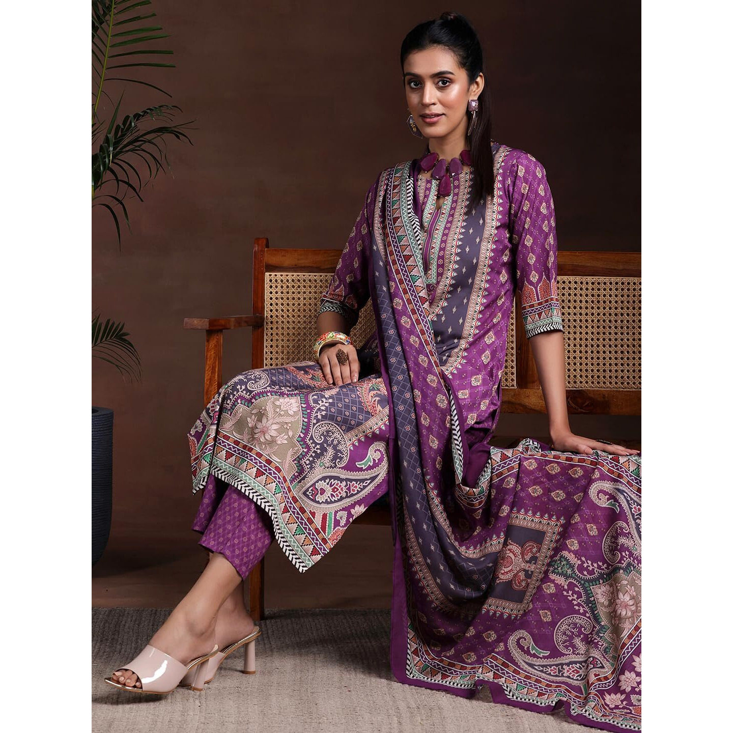 Libas Women Poly Crepe Kurta Set (369500R, Purple, Large