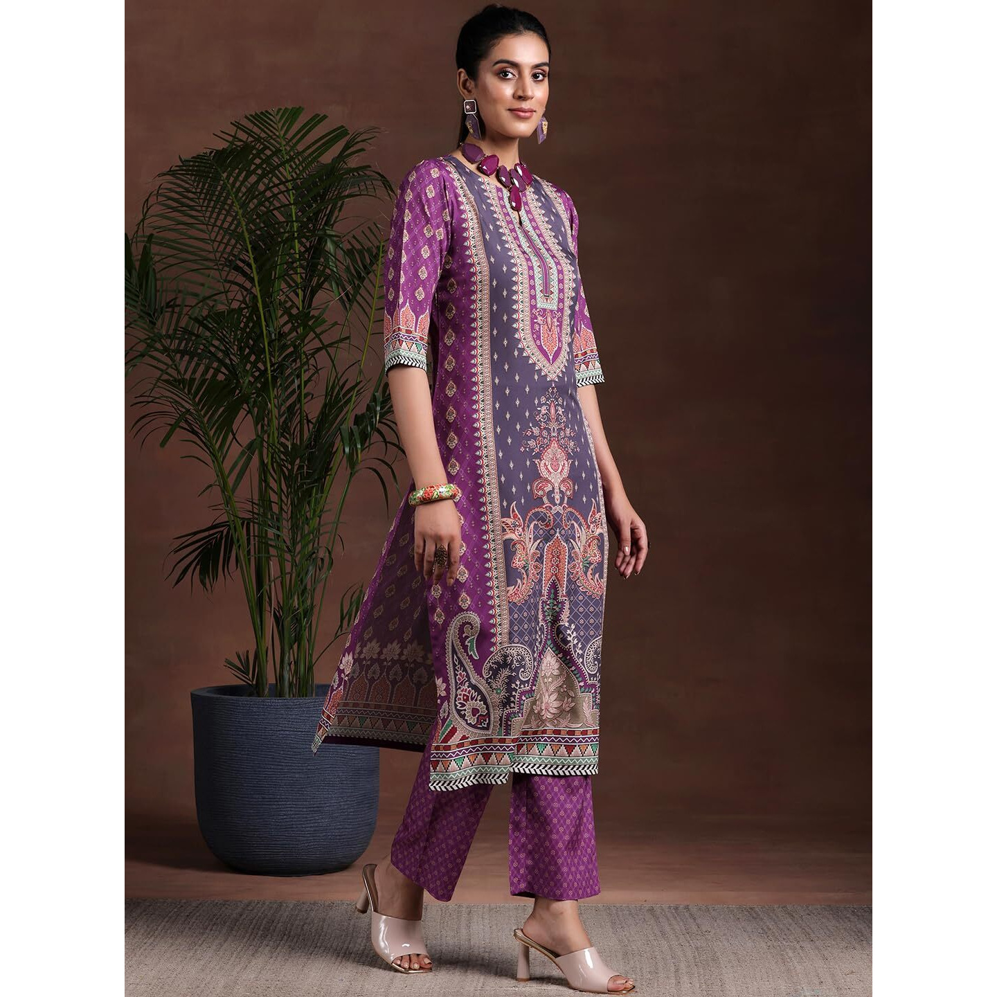 Libas Women Poly Crepe Kurta Set (369500R, Purple, Large