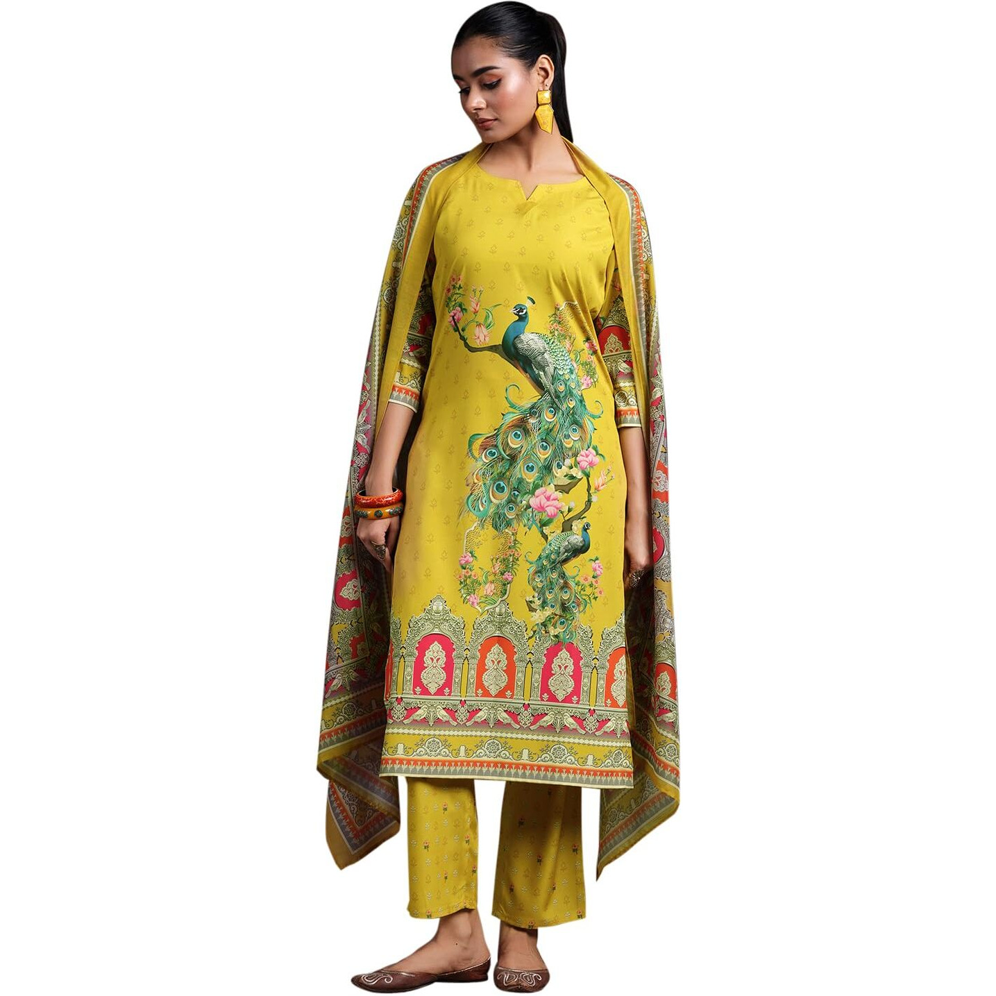 Libas Women Poly Crepe Kurta Set (369800R, Mustard, Small)