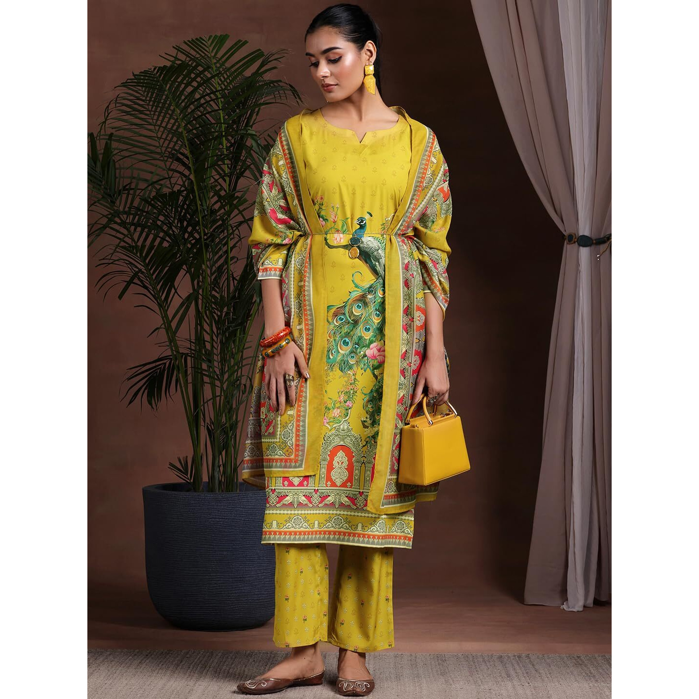 Libas Women Poly Crepe Kurta Set (369800R, Mustard, Small)