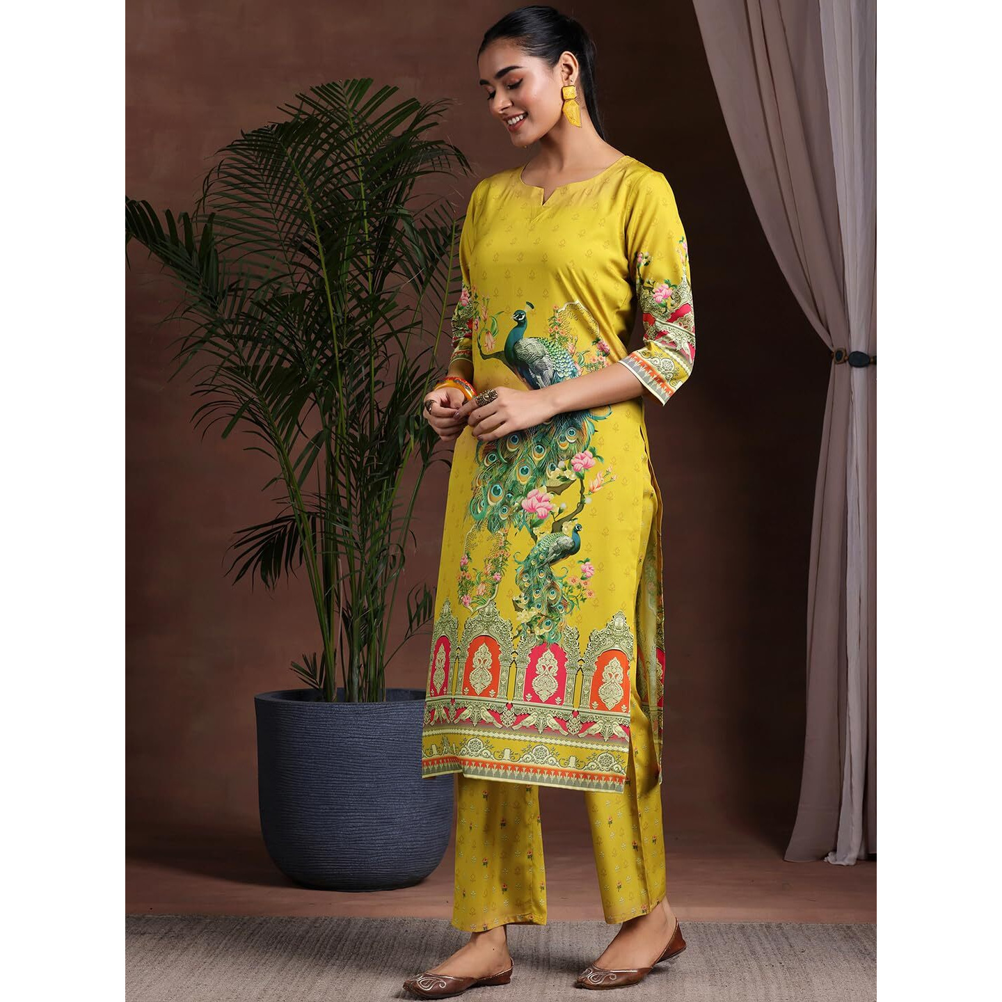Libas Women Poly Crepe Kurta Set (369800R, Mustard, Small)
