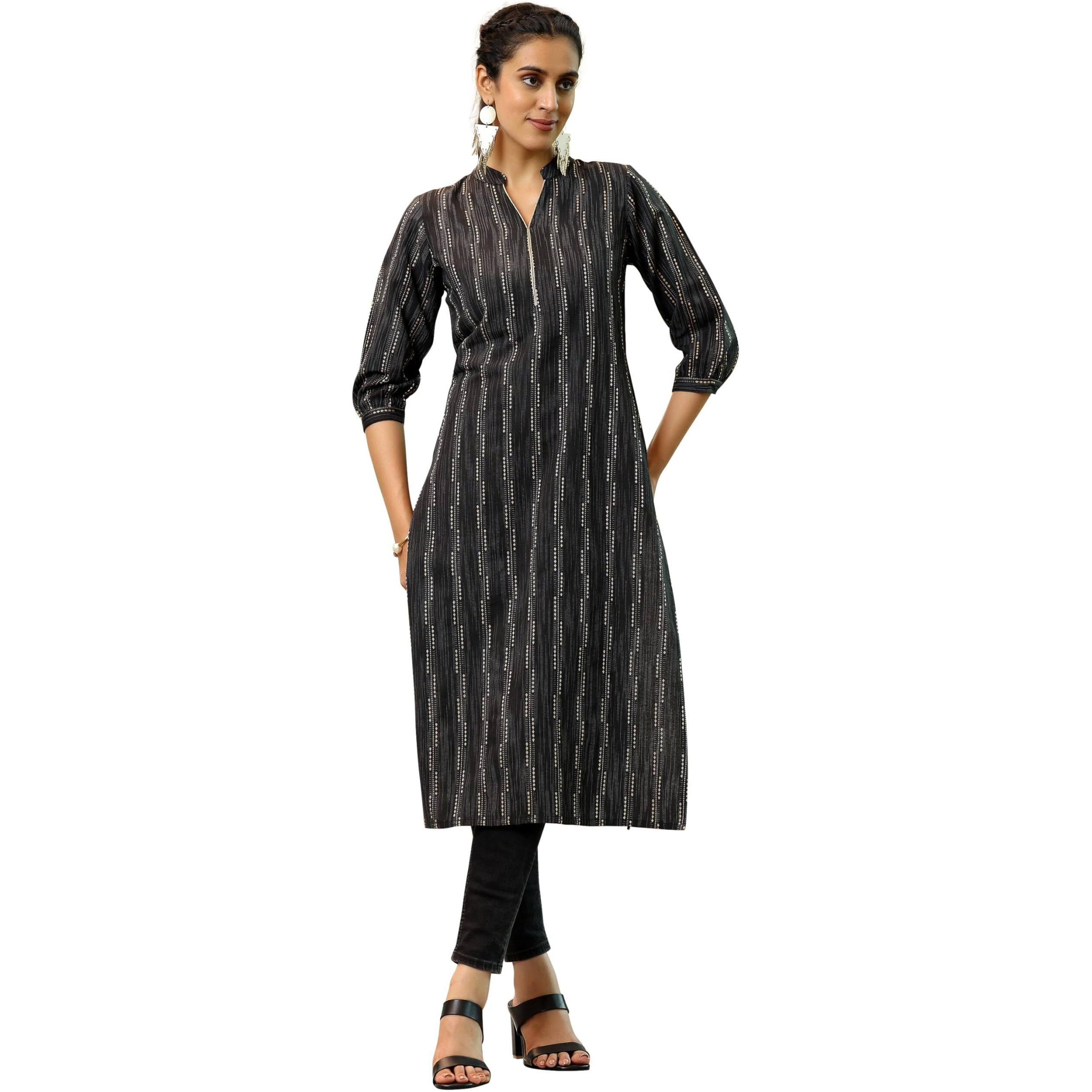 Libas Women's Cotton Ethnic Motifs Straight Kurta (372470R Black